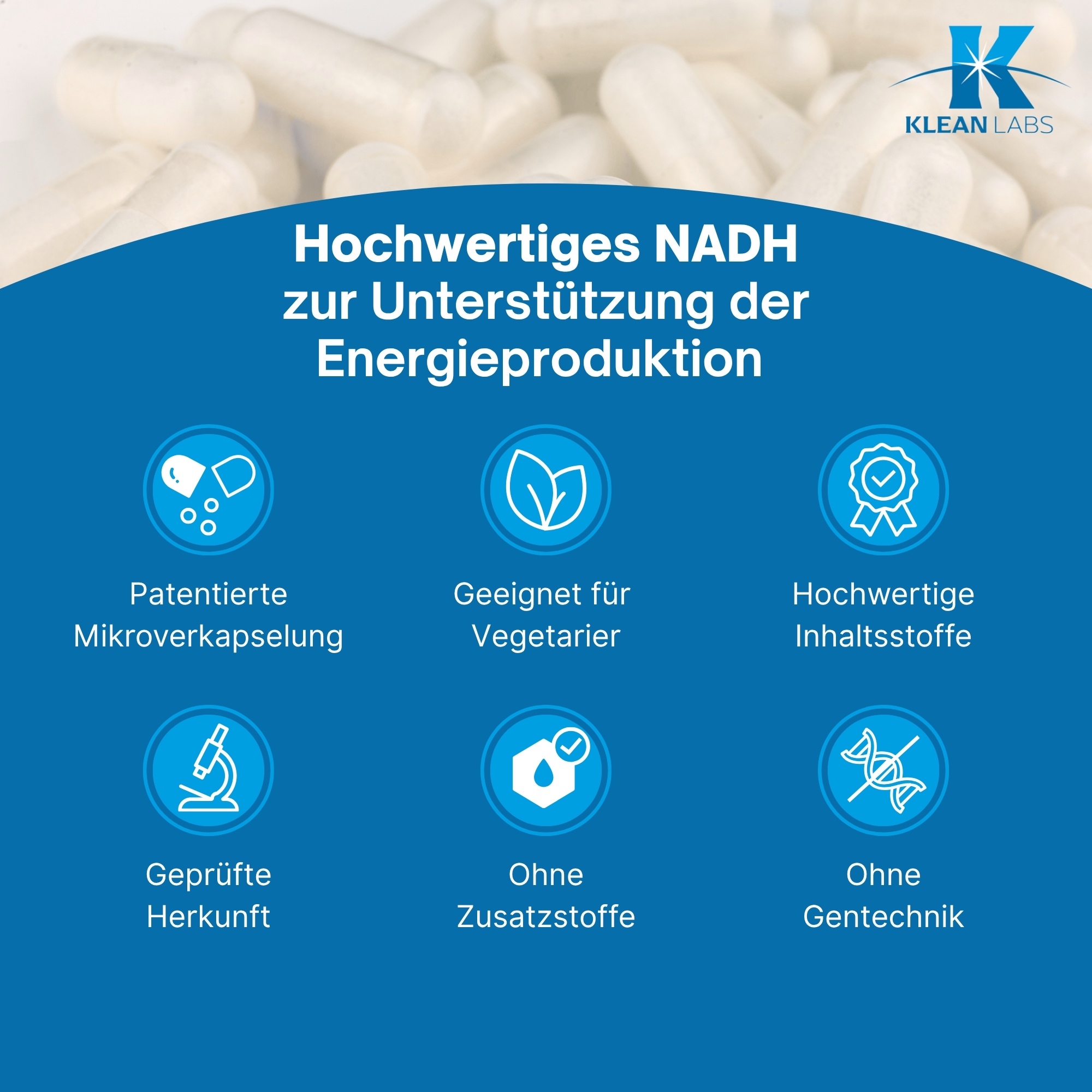 Produktfoto: Eine weiße Plastikflasche mit Schraubverschluss, die ein Nahrungsergänzungsmittel enthält. Auf dem Etikett steht 'NADH 10 mg PANMOL', 'KLEAN LABS', und es enthält Informationen zu Inhaltsstoffen und Anwendungshinweisen. Die Flasche hat ein blaues und weißes Design mit Text in schwarzer Schrift. Das Etikett enthält auch ein Logo mit einem stilisierten Buchstaben 'K'.