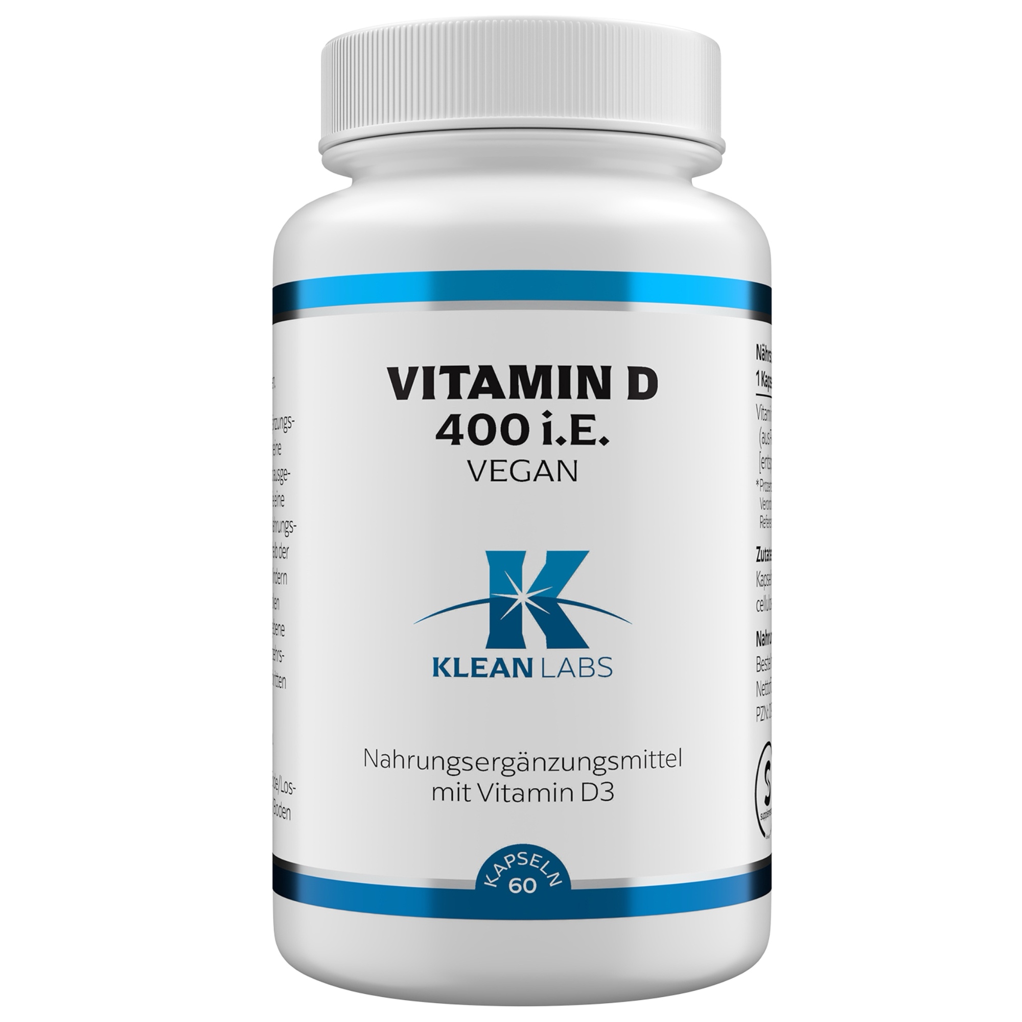 Produktfoto: Eine weiße Plastikflasche mit blauer Schrift und einem weißen Schraubverschluss. Auf der Flasche steht “Vitamin D 400 i.E. VEGAN“ und “KLEAN LABS“. Es handelt sich um ein Nahrungsergänzungsmittel mit Vitamin D3, 60 Kapseln.