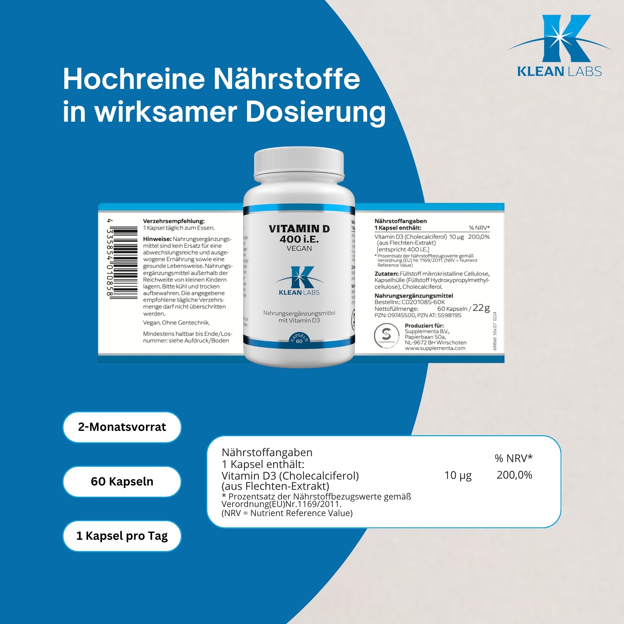 Produktfoto: Eine weiße Plastikflasche mit blauer Schrift und einem weißen Schraubverschluss. Auf der Flasche steht “Vitamin D 400 i.E. VEGAN“ und “KLEAN LABS“. Es handelt sich um ein Nahrungsergänzungsmittel mit Vitamin D3, 60 Kapseln.