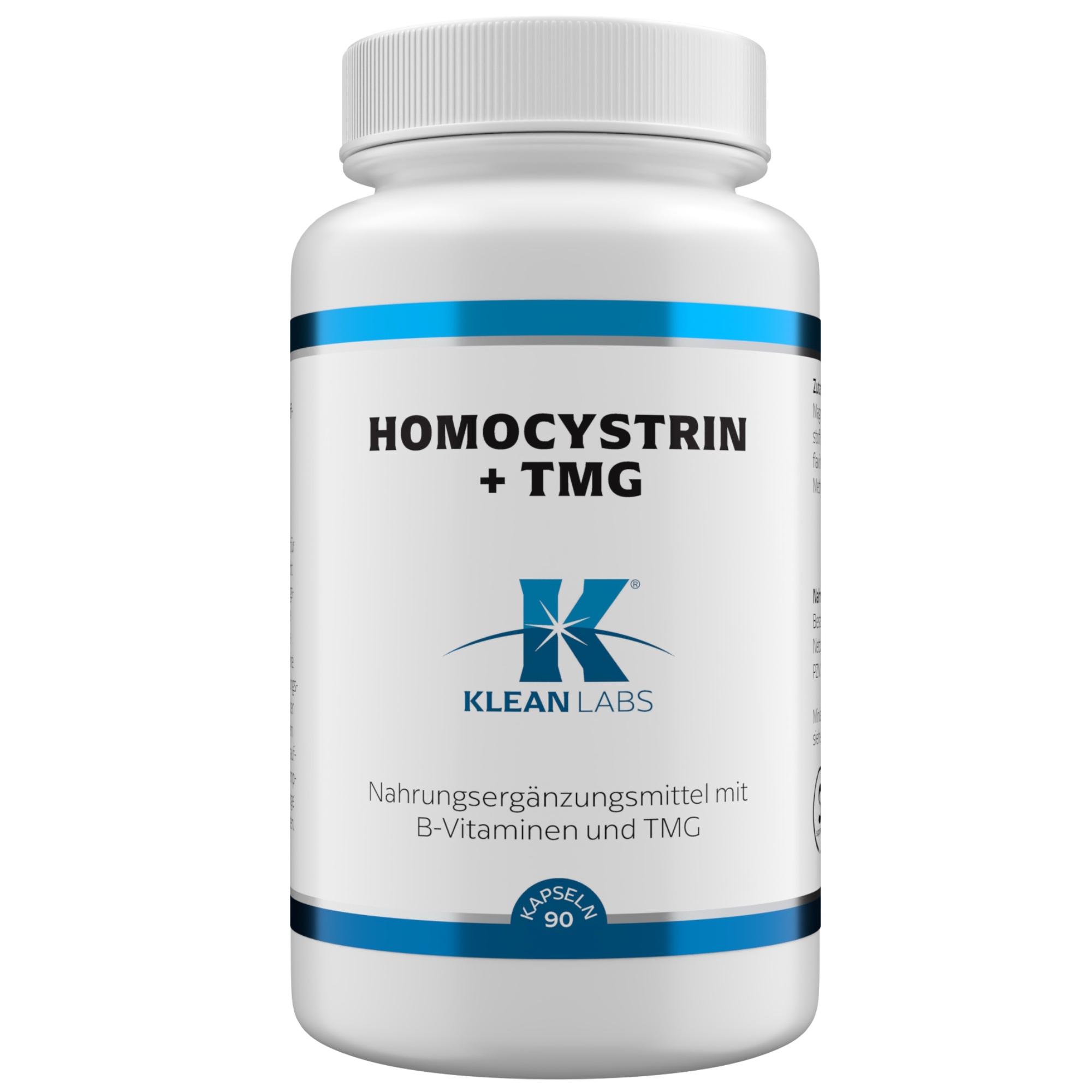 Produktfoto: Eine weiße Plastikflasche mit einem blauen Etikett, auf dem “HOMOCYSTRIN + TMG“ steht. Darunter ist das Logo von Klean Labs zu sehen. Das Produkt wird als Nahrungsergänzungsmittel mit B-Vitaminen und TMG beschrieben. Die Flasche enthält 90 Kapseln.