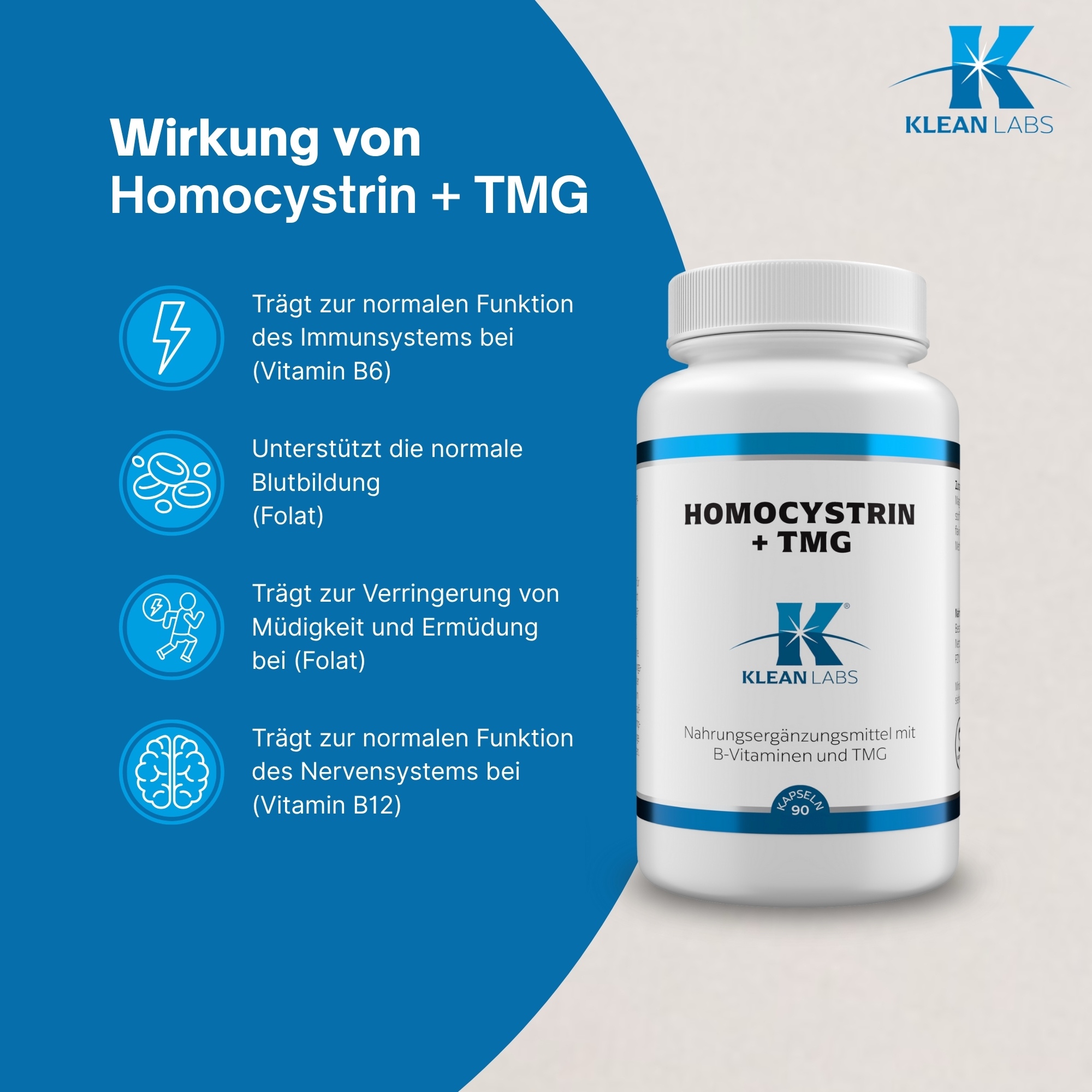 Produktfoto: Eine weiße Plastikflasche mit einem blauen Etikett, auf dem “HOMOCYSTRIN + TMG“ steht. Darunter ist das Logo von Klean Labs zu sehen. Das Produkt wird als Nahrungsergänzungsmittel mit B-Vitaminen und TMG beschrieben. Die Flasche enthält 90 Kapseln.
