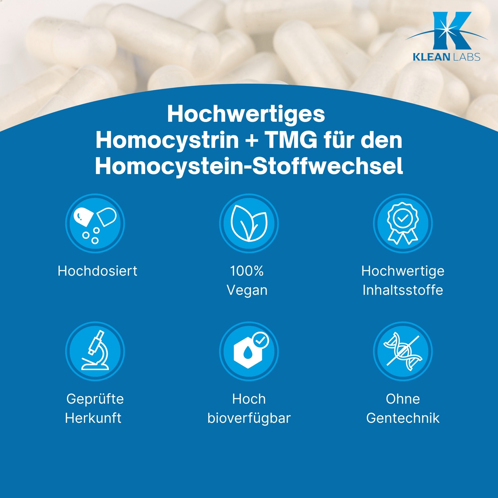 Produktfoto: Eine weiße Plastikflasche mit einem blauen Etikett, auf dem “HOMOCYSTRIN + TMG“ steht. Darunter ist das Logo von Klean Labs zu sehen. Das Produkt wird als Nahrungsergänzungsmittel mit B-Vitaminen und TMG beschrieben. Die Flasche enthält 90 Kapseln.