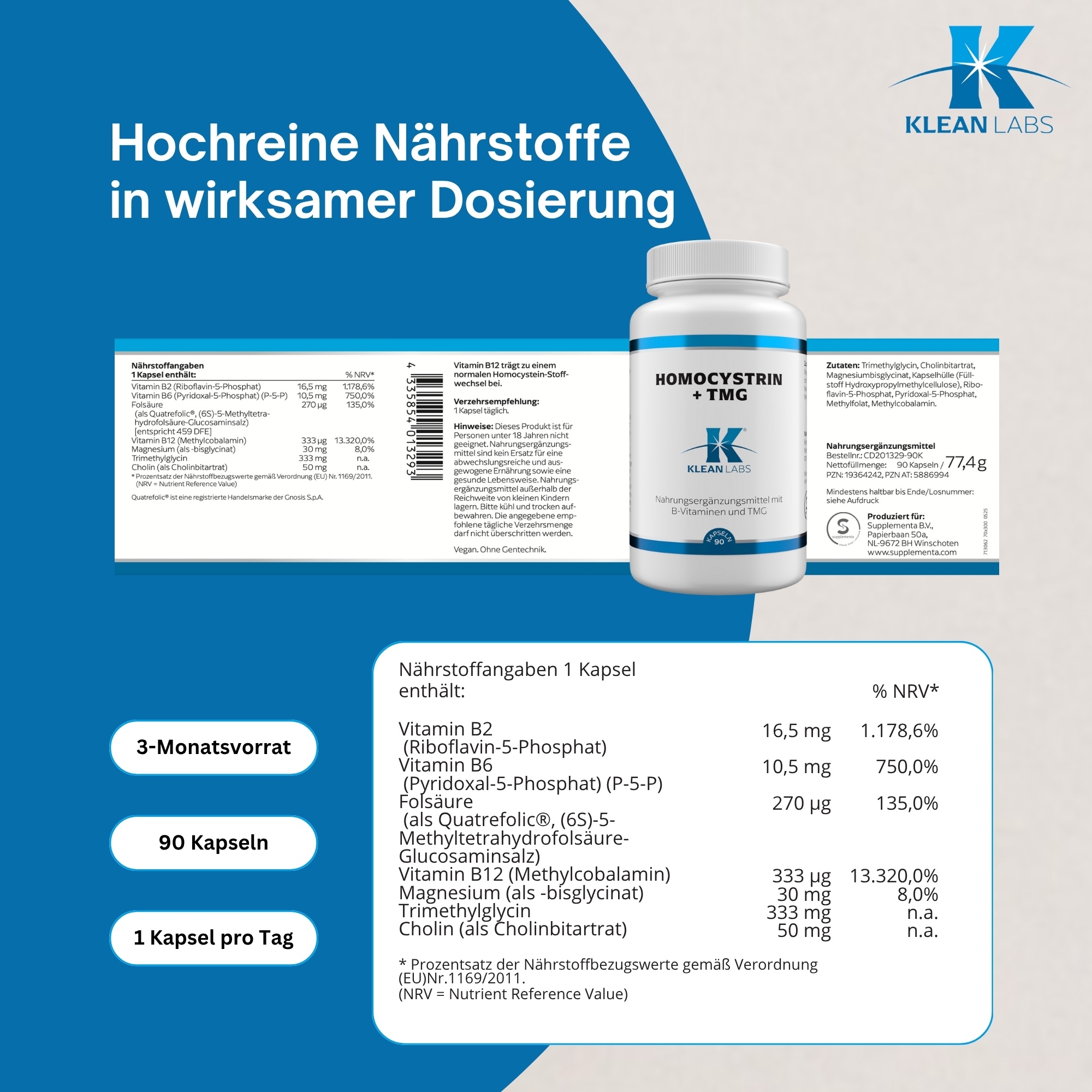 Produktfoto: Eine weiße Plastikflasche mit einem blauen Etikett, auf dem “HOMOCYSTRIN + TMG“ steht. Darunter ist das Logo von Klean Labs zu sehen. Das Produkt wird als Nahrungsergänzungsmittel mit B-Vitaminen und TMG beschrieben. Die Flasche enthält 90 Kapseln.