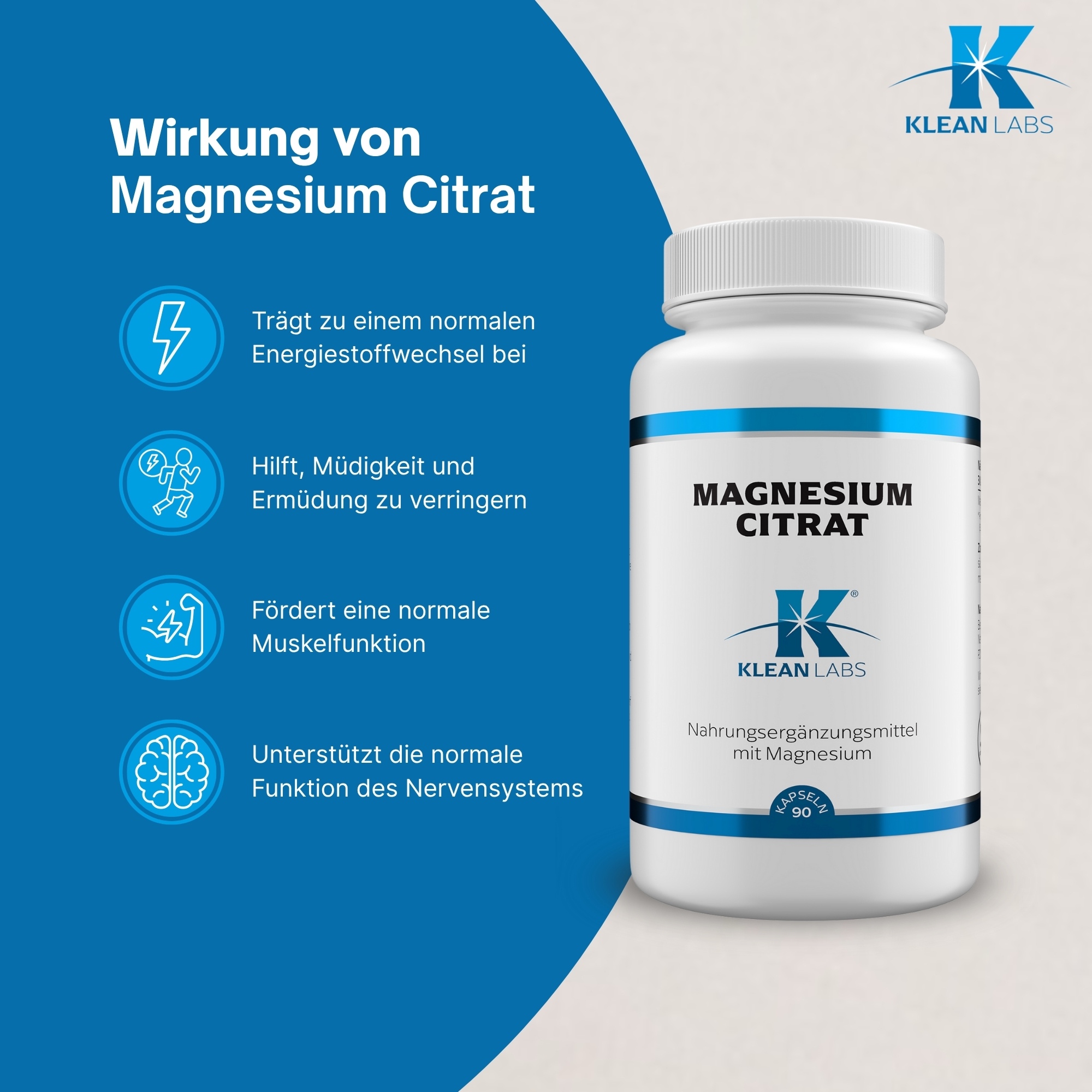 Produktfoto: Eine weiße Plastikflasche mit blauem Etikett, auf dem 'MAGNESIUM CITRAT' steht. Darunter das Logo von 'KLEAN LABS'. Die Flasche enthält Nahrungsergänzungsmittel mit Magnesium.
