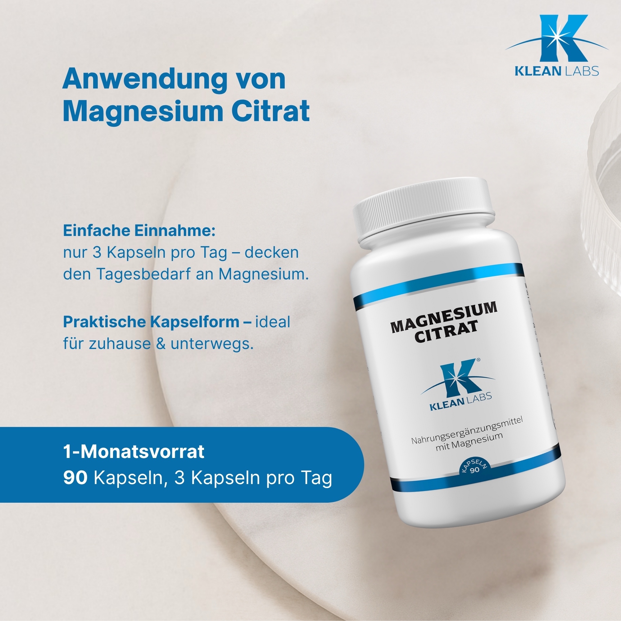 Produktfoto: Eine weiße Plastikflasche mit blauem Etikett, auf dem 'MAGNESIUM CITRAT' steht. Darunter das Logo von 'KLEAN LABS'. Die Flasche enthält Nahrungsergänzungsmittel mit Magnesium.