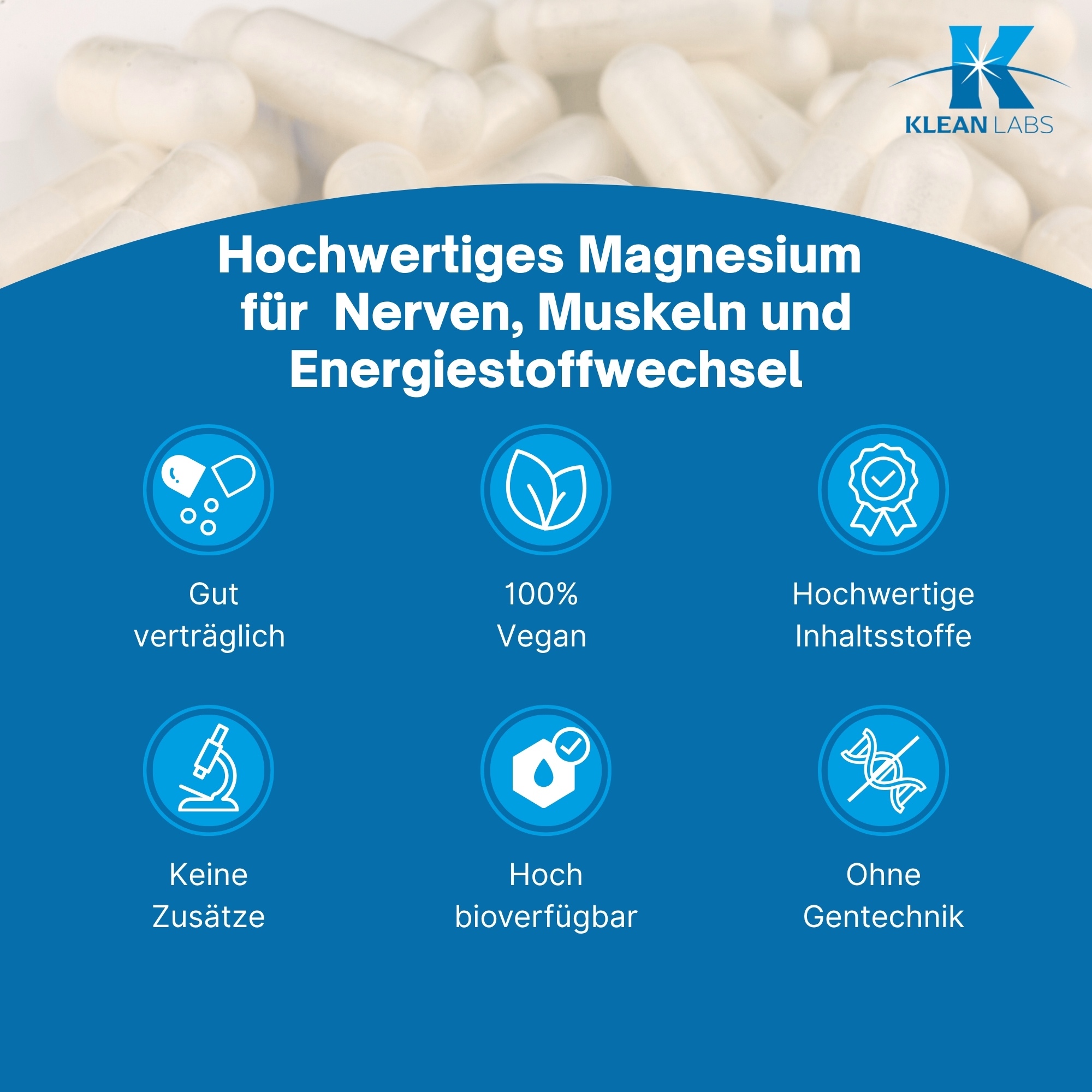 Produktfoto: Eine weiße Plastikflasche mit blauem Etikett, auf dem 'MAGNESIUM CITRAT' steht. Darunter das Logo von 'KLEAN LABS'. Die Flasche enthält Nahrungsergänzungsmittel mit Magnesium.
