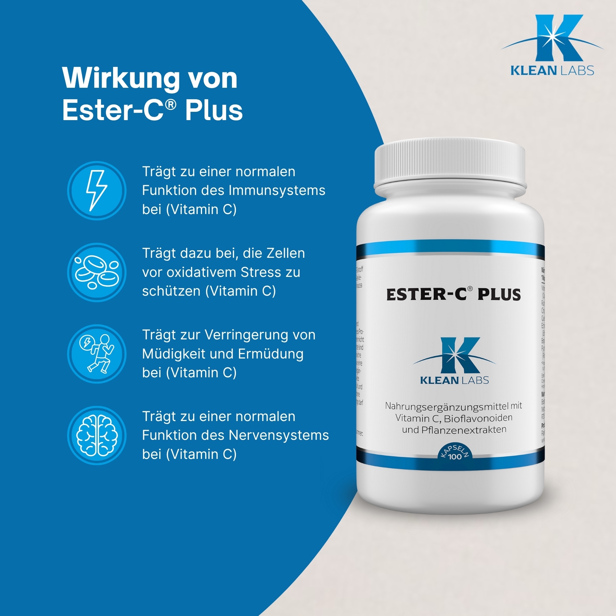 Produktfoto: Eine weiße Plastikflasche mit blauer Beschriftung auf einem schwarzen Hintergrund. Die Vorderseite zeigt den Text 'ESTER C® PLUS' und das Logo von Klean Labs. Darunter steht 'Nahrungsergänzungsmittel mit Vitamin C, Bioflavonoiden und Pflanzenextrakten'. Die Flasche enthält 100 Kapseln.