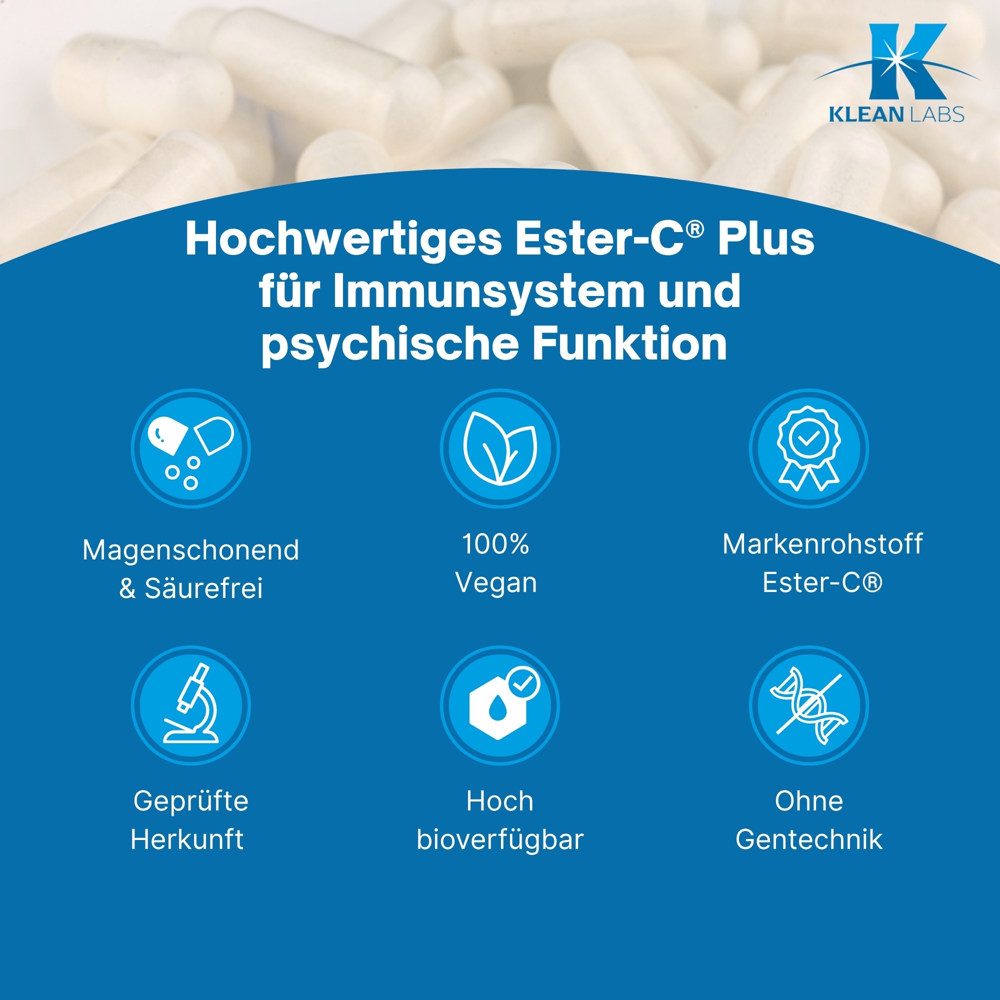 Produktfoto: Eine weiße Plastikflasche mit blauer Beschriftung auf einem schwarzen Hintergrund. Die Vorderseite zeigt den Text 'ESTER C® PLUS' und das Logo von Klean Labs. Darunter steht 'Nahrungsergänzungsmittel mit Vitamin C, Bioflavonoiden und Pflanzenextrakten'. Die Flasche enthält 100 Kapseln.