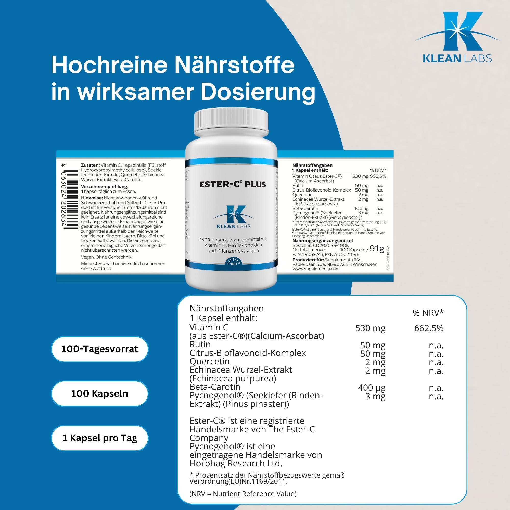 Produktfoto: Eine weiße Plastikflasche mit blauer Beschriftung auf einem schwarzen Hintergrund. Die Vorderseite zeigt den Text 'ESTER C® PLUS' und das Logo von Klean Labs. Darunter steht 'Nahrungsergänzungsmittel mit Vitamin C, Bioflavonoiden und Pflanzenextrakten'. Die Flasche enthält 100 Kapseln.