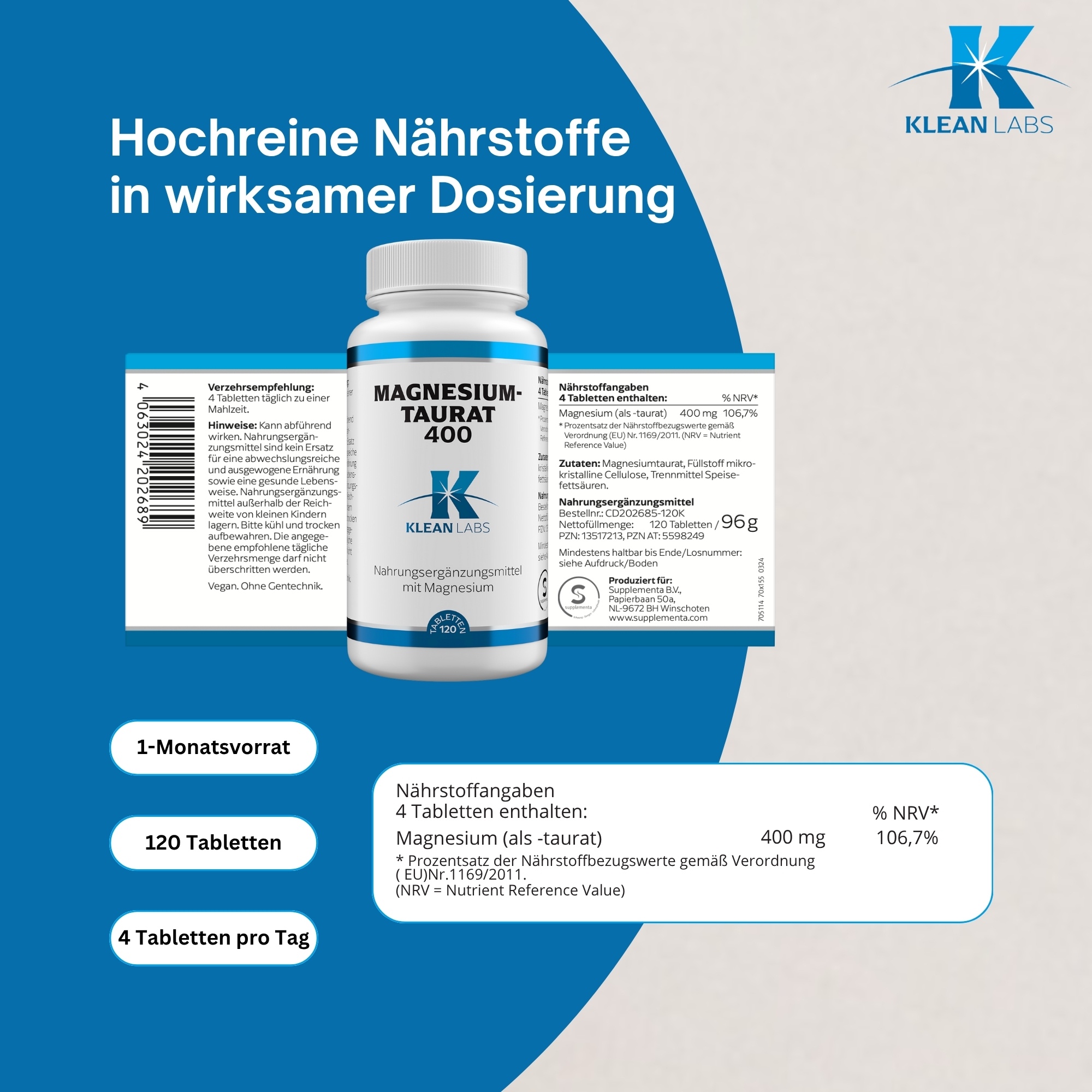 Produktfoto: Eine weiße Plastikflasche mit blauer Schrift steht aufrecht. Auf der Flasche steht „MAGNESIUM-TAURAT 400 KLEAN LABS“. Sie enthält Nahrungsergänzungsmittel mit Magnesium. Die Flasche hat einen weißen Schraubverschluss. Das Design ist schlicht mit blauen Akzenten.