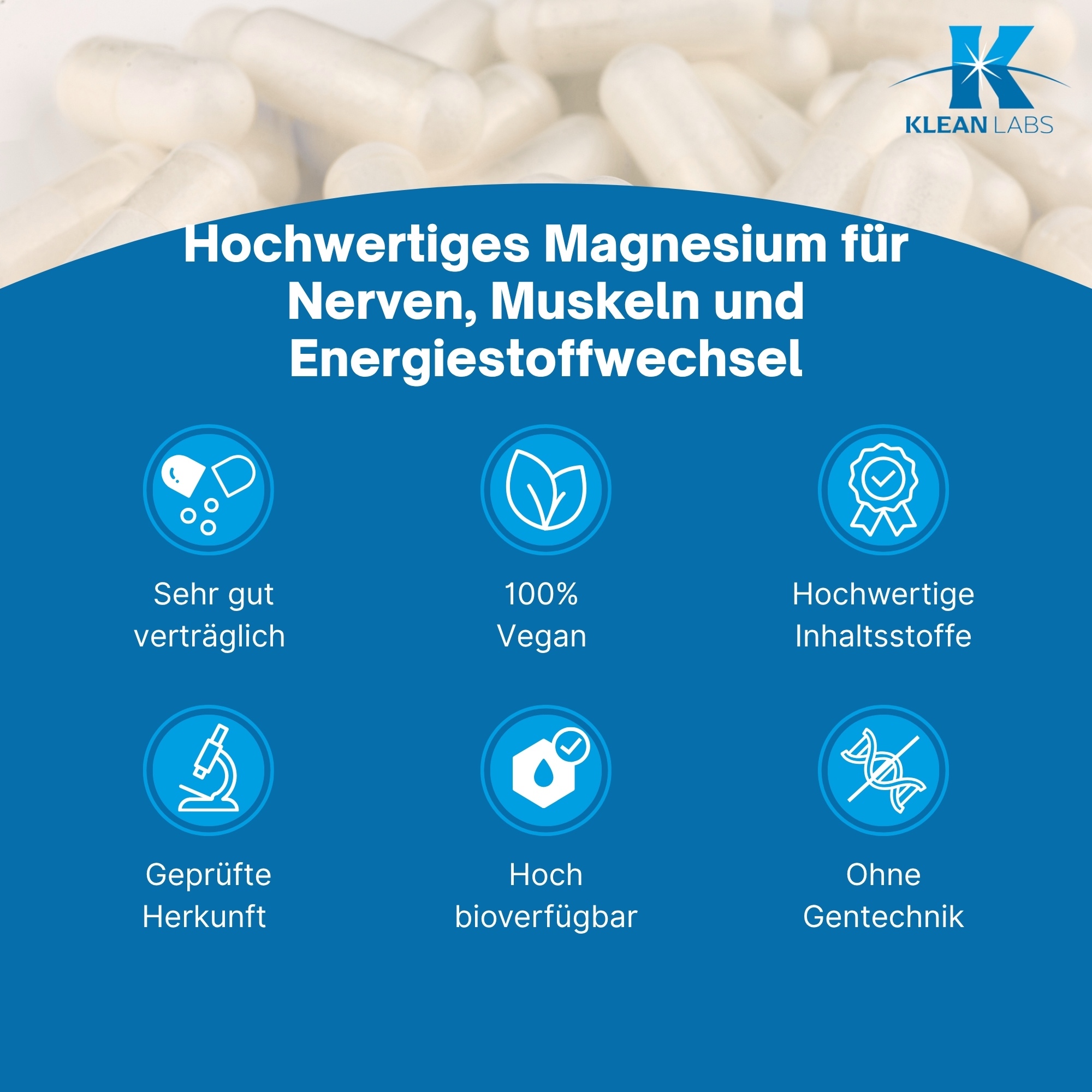 Produktfoto: Eine weiße Plastikflasche mit blauer Schrift steht aufrecht. Auf der Flasche steht „MAGNESIUM-TAURAT 400 KLEAN LABS“. Sie enthält Nahrungsergänzungsmittel mit Magnesium. Die Flasche hat einen weißen Schraubverschluss. Das Design ist schlicht mit blauen Akzenten.