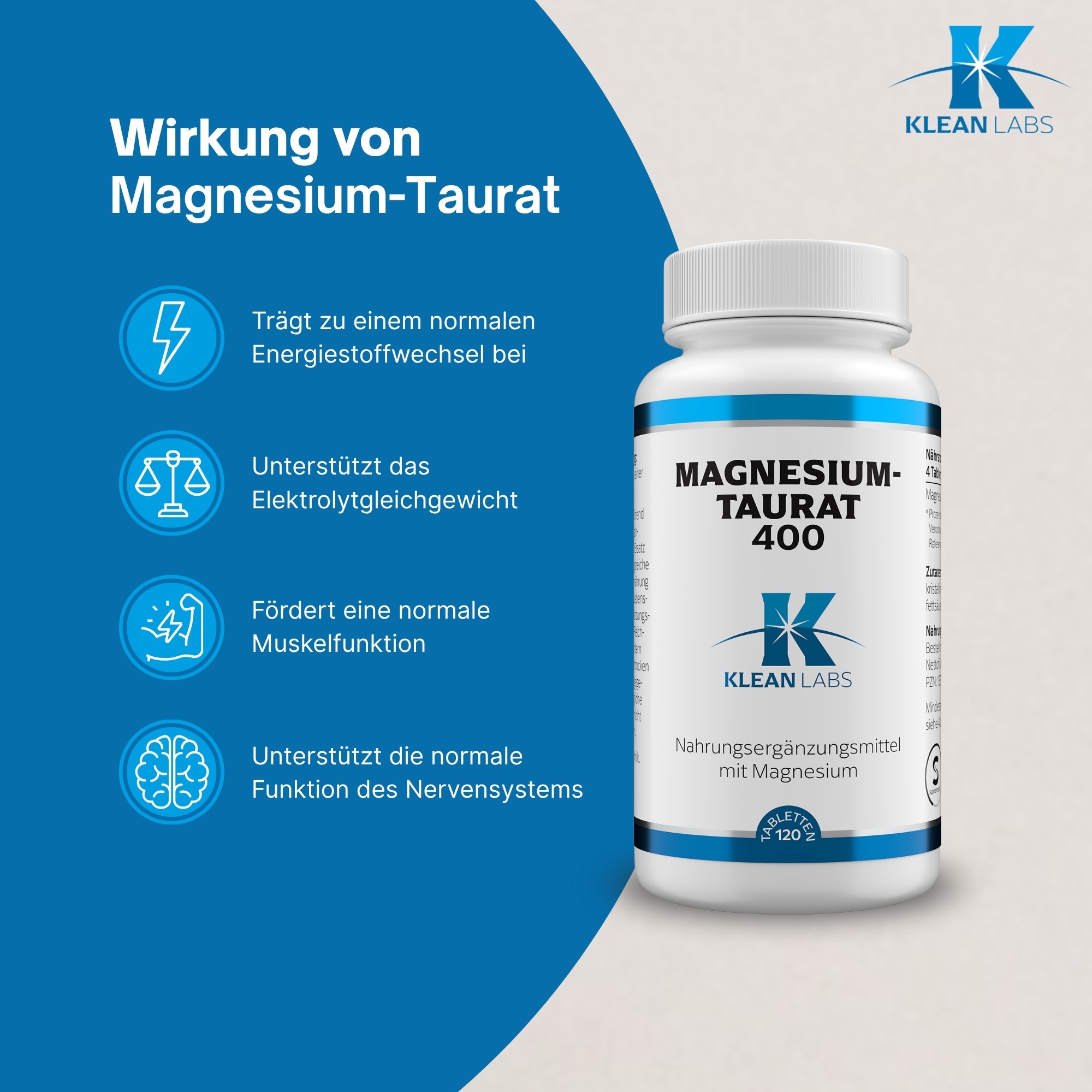 Produktfoto: Eine weiße Plastikflasche mit blauer Schrift steht aufrecht. Auf der Flasche steht „MAGNESIUM-TAURAT 400 KLEAN LABS“. Sie enthält Nahrungsergänzungsmittel mit Magnesium. Die Flasche hat einen weißen Schraubverschluss. Das Design ist schlicht mit blauen Akzenten.