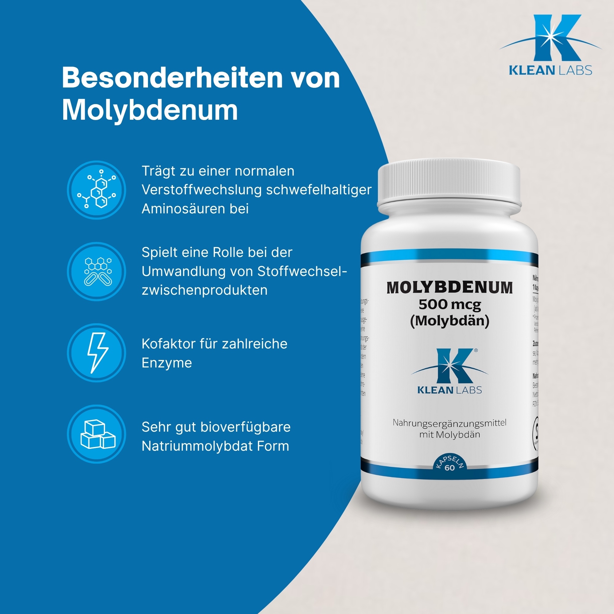 Produktfoto: Das Bild zeigt eine weiße Plastikflasche mit einem Schraubverschluss. Auf dem Etikett steht „Molybdenum 500 mcg (Molybdän)“. Darunter ist das Logo von Klean Labs abgebildet. Die Flasche enthält Nahrungsergänzungsmittel.