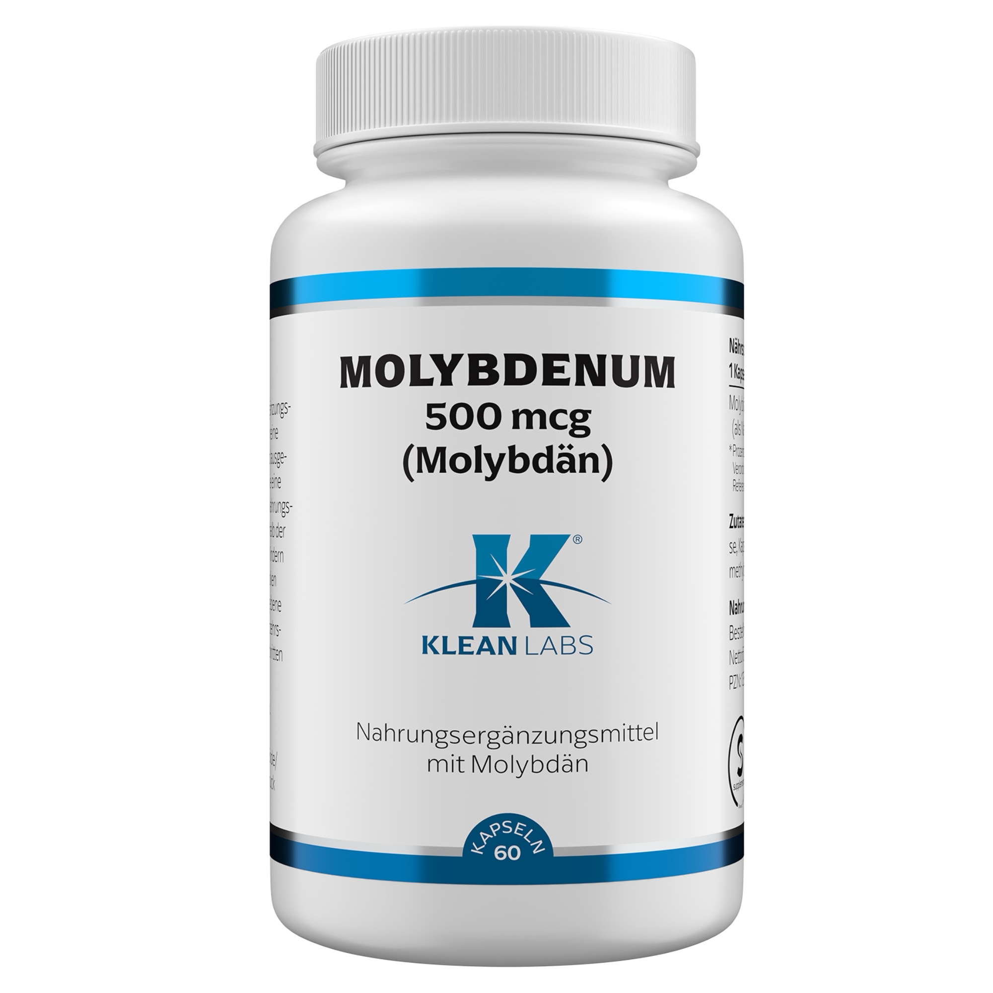 Produktfoto: Das Bild zeigt eine weiße Plastikflasche mit einem Schraubverschluss. Auf dem Etikett steht „Molybdenum 500 mcg (Molybdän)“. Darunter ist das Logo von Klean Labs abgebildet. Die Flasche enthält Nahrungsergänzungsmittel.
