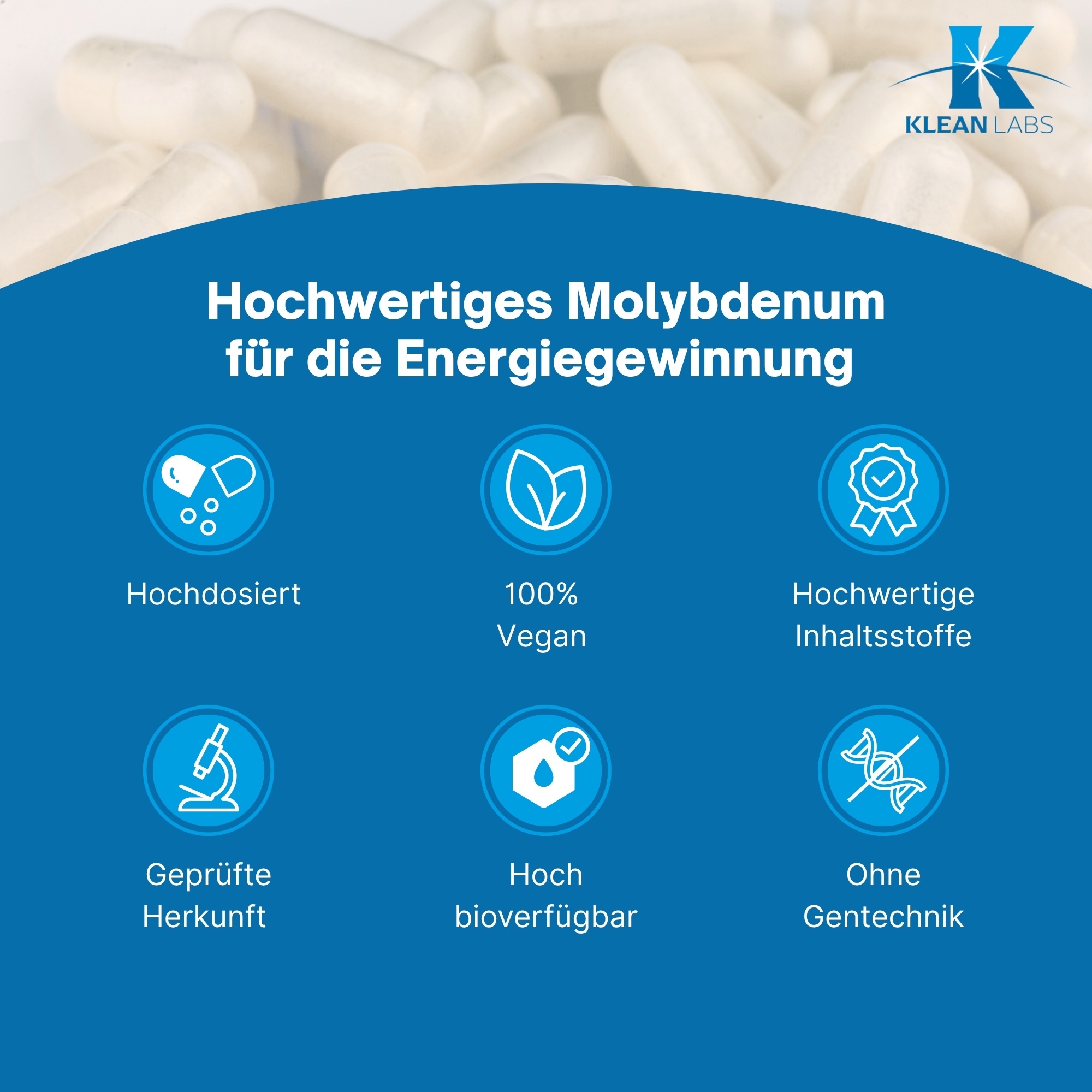 Produktfoto: Das Bild zeigt eine weiße Plastikflasche mit einem Schraubverschluss. Auf dem Etikett steht „Molybdenum 500 mcg (Molybdän)“. Darunter ist das Logo von Klean Labs abgebildet. Die Flasche enthält Nahrungsergänzungsmittel.