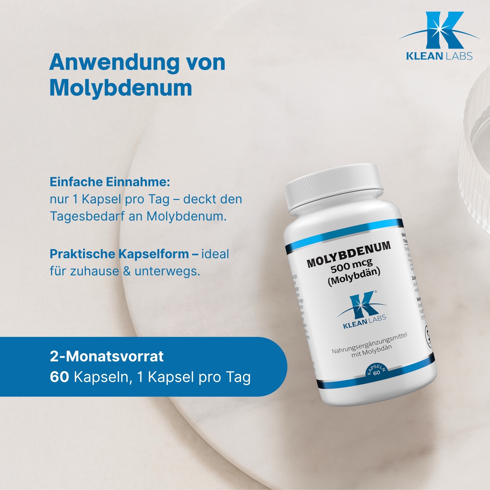 Produktfoto: Das Bild zeigt eine weiße Plastikflasche mit einem Schraubverschluss. Auf dem Etikett steht „Molybdenum 500 mcg (Molybdän)“. Darunter ist das Logo von Klean Labs abgebildet. Die Flasche enthält Nahrungsergänzungsmittel.