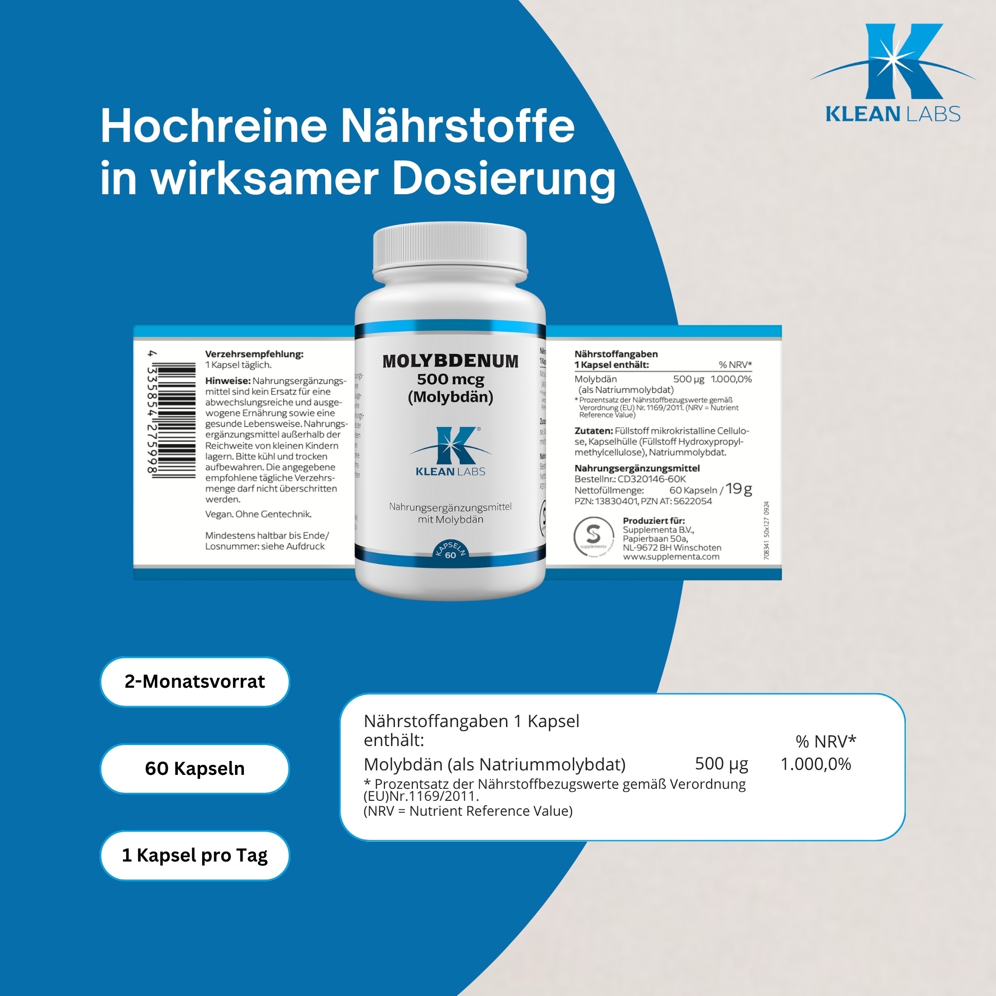 Produktfoto: Das Bild zeigt eine weiße Plastikflasche mit einem Schraubverschluss. Auf dem Etikett steht „Molybdenum 500 mcg (Molybdän)“. Darunter ist das Logo von Klean Labs abgebildet. Die Flasche enthält Nahrungsergänzungsmittel.