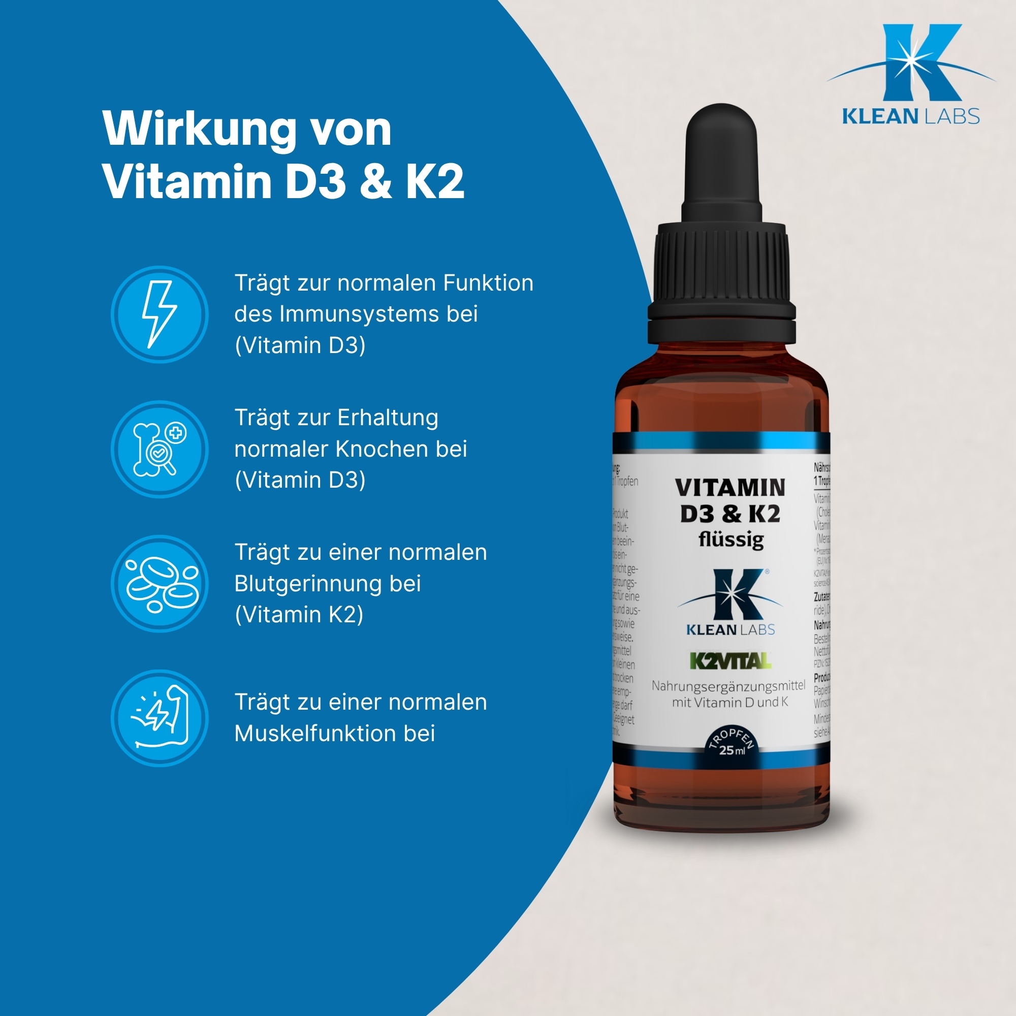 Produktfoto: Eine braune Glasflasche mit schwarzem Tropfverschluss. Auf der Flasche befindet sich ein Etikett mit Nährstoffangaben zu Vitamin D3 und K2 sowie weiteren Informationen. Die Flasche steht aufrecht vor einem weißen Hintergrund.
