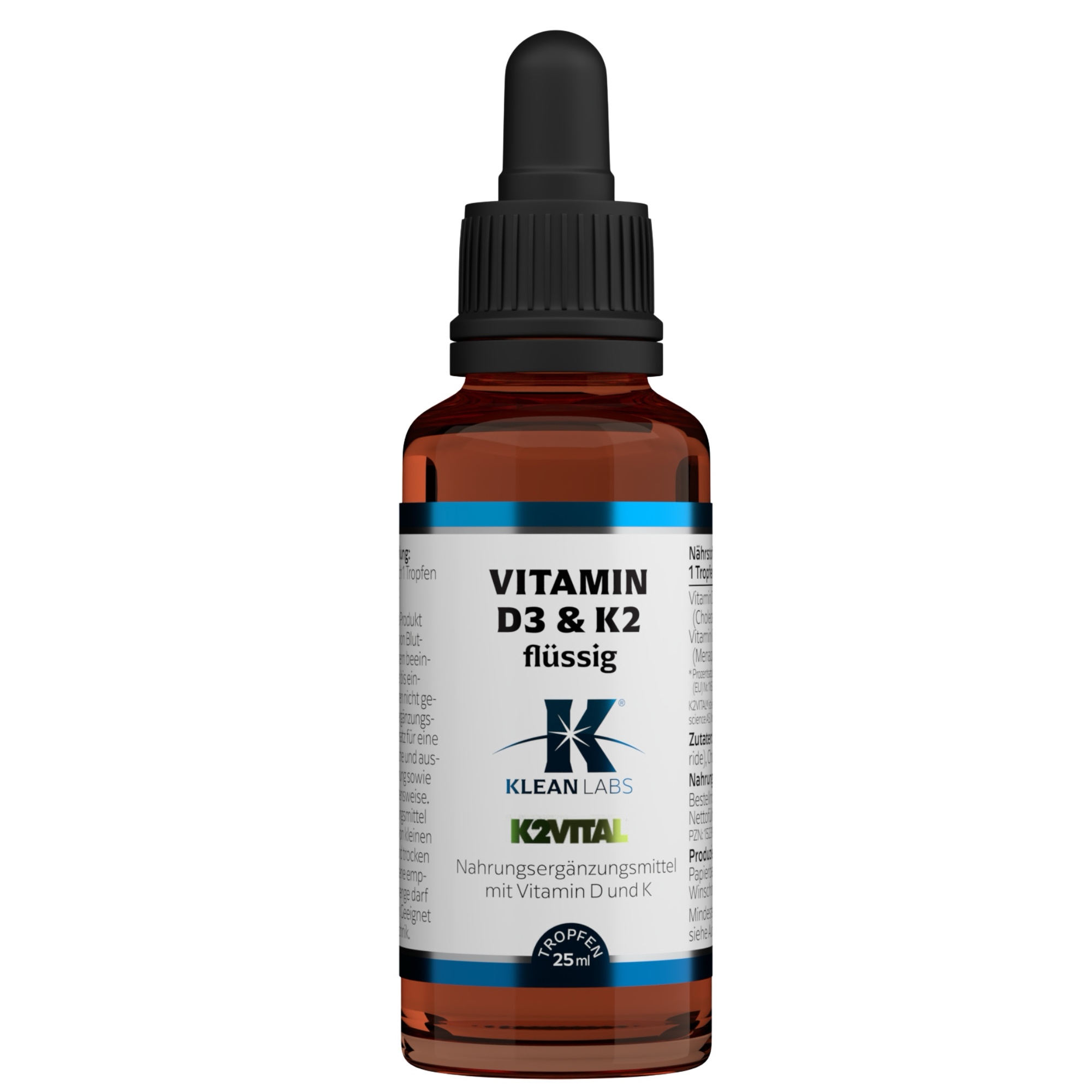 Produktfoto: Eine braune Glasflasche mit schwarzem Tropfverschluss. Auf der Flasche befindet sich ein Etikett mit Nährstoffangaben zu Vitamin D3 und K2 sowie weiteren Informationen. Die Flasche steht aufrecht vor einem weißen Hintergrund.