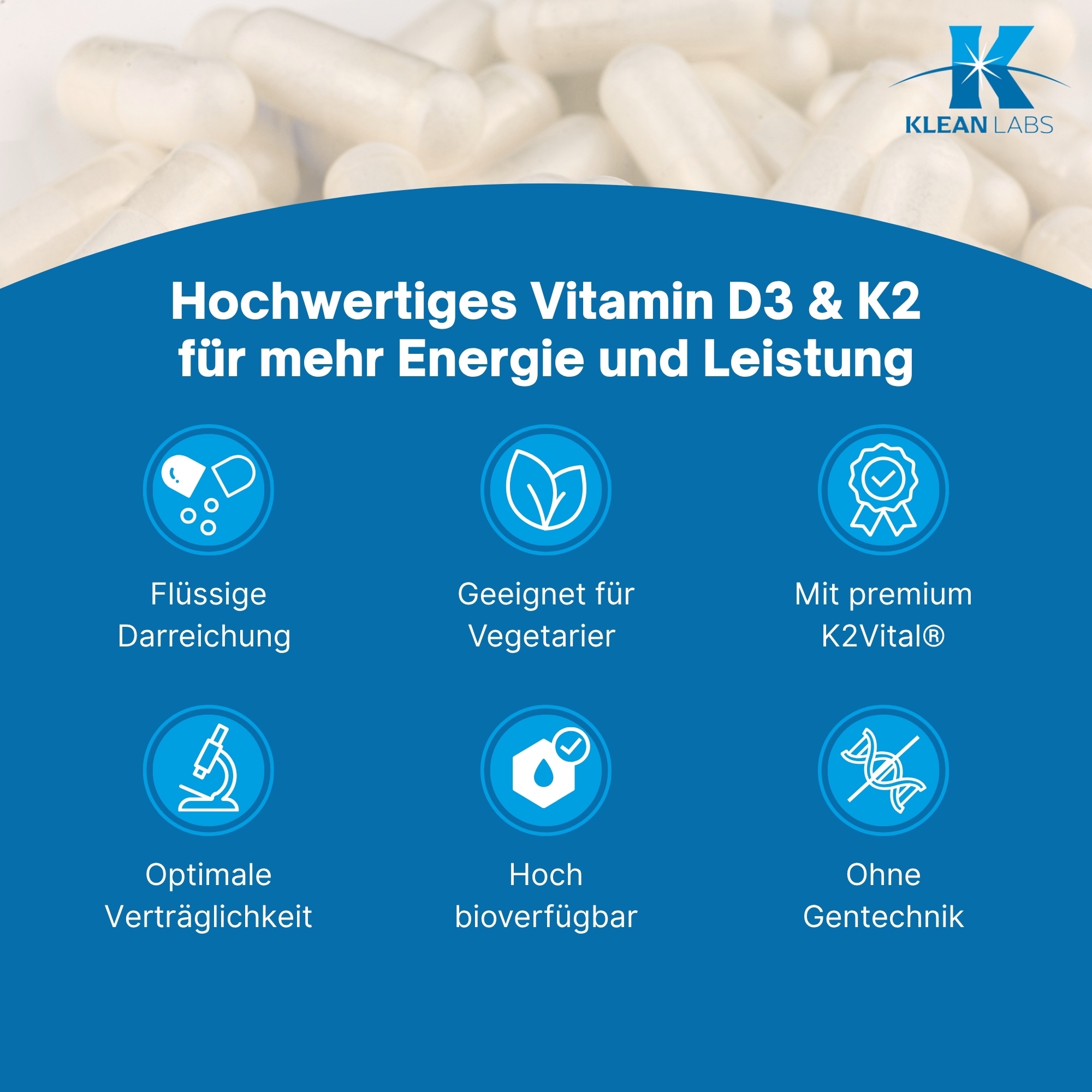 Produktfoto: Eine braune Glasflasche mit schwarzem Tropfverschluss. Auf der Flasche befindet sich ein Etikett mit Nährstoffangaben zu Vitamin D3 und K2 sowie weiteren Informationen. Die Flasche steht aufrecht vor einem weißen Hintergrund.