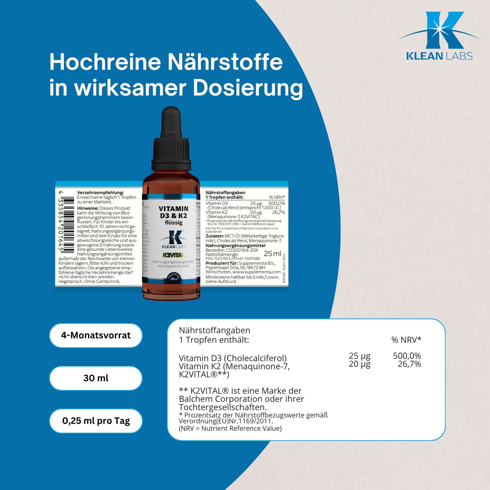 Produktfoto: Eine braune Glasflasche mit schwarzem Tropfverschluss. Auf der Flasche befindet sich ein Etikett mit Nährstoffangaben zu Vitamin D3 und K2 sowie weiteren Informationen. Die Flasche steht aufrecht vor einem weißen Hintergrund.