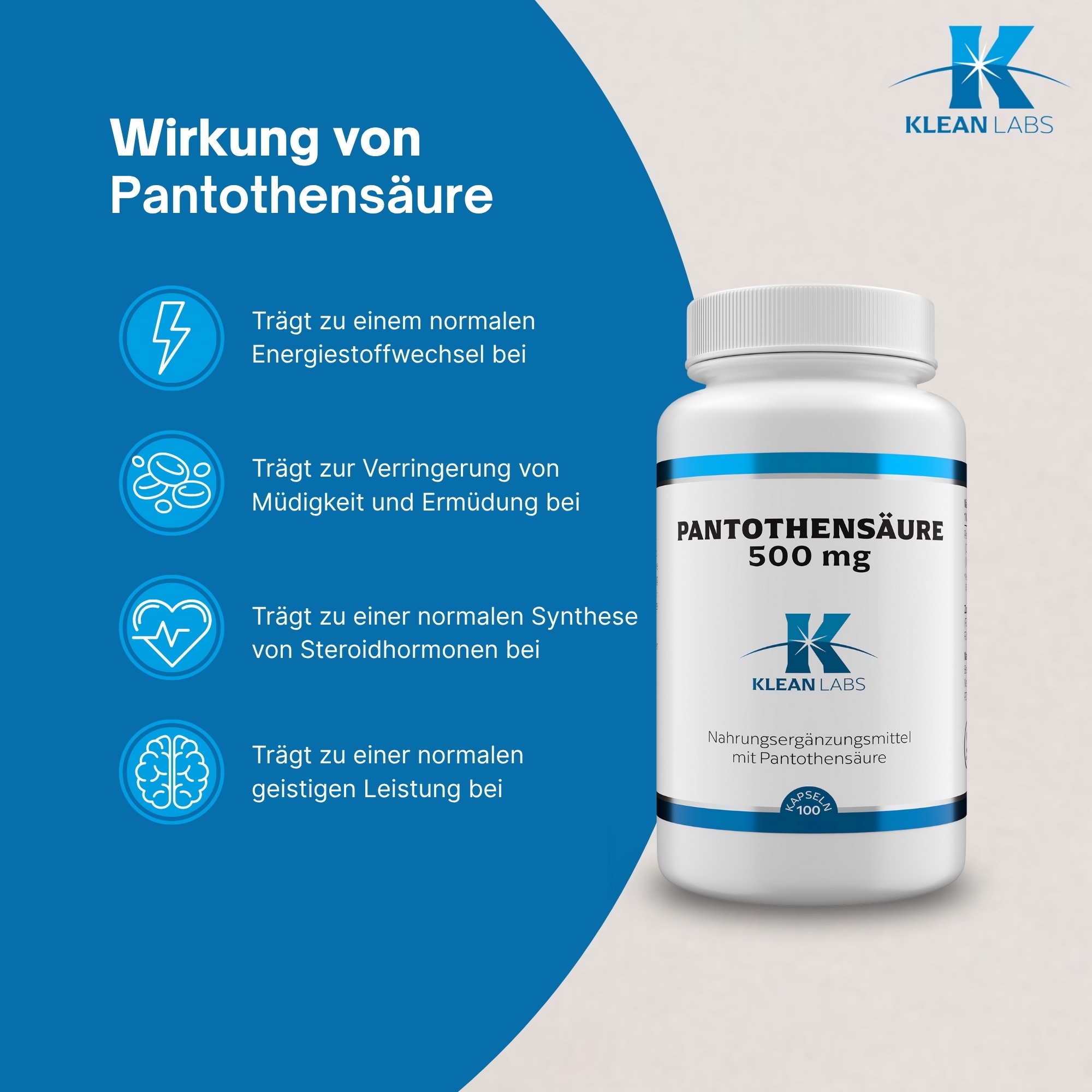 Produktfoto: Eine weiße Plastikflasche mit einem blauen Etikett, das Nährstoffangaben und Zutaten für Nahrungsergänzungsmittel enthält. Das Etikett listet Pantothensäure (Vitamin B5) und andere Inhaltsstoffe auf. Die Flasche ist von der Marke Supplementa B.V. aus Winschoten, Niederlande.