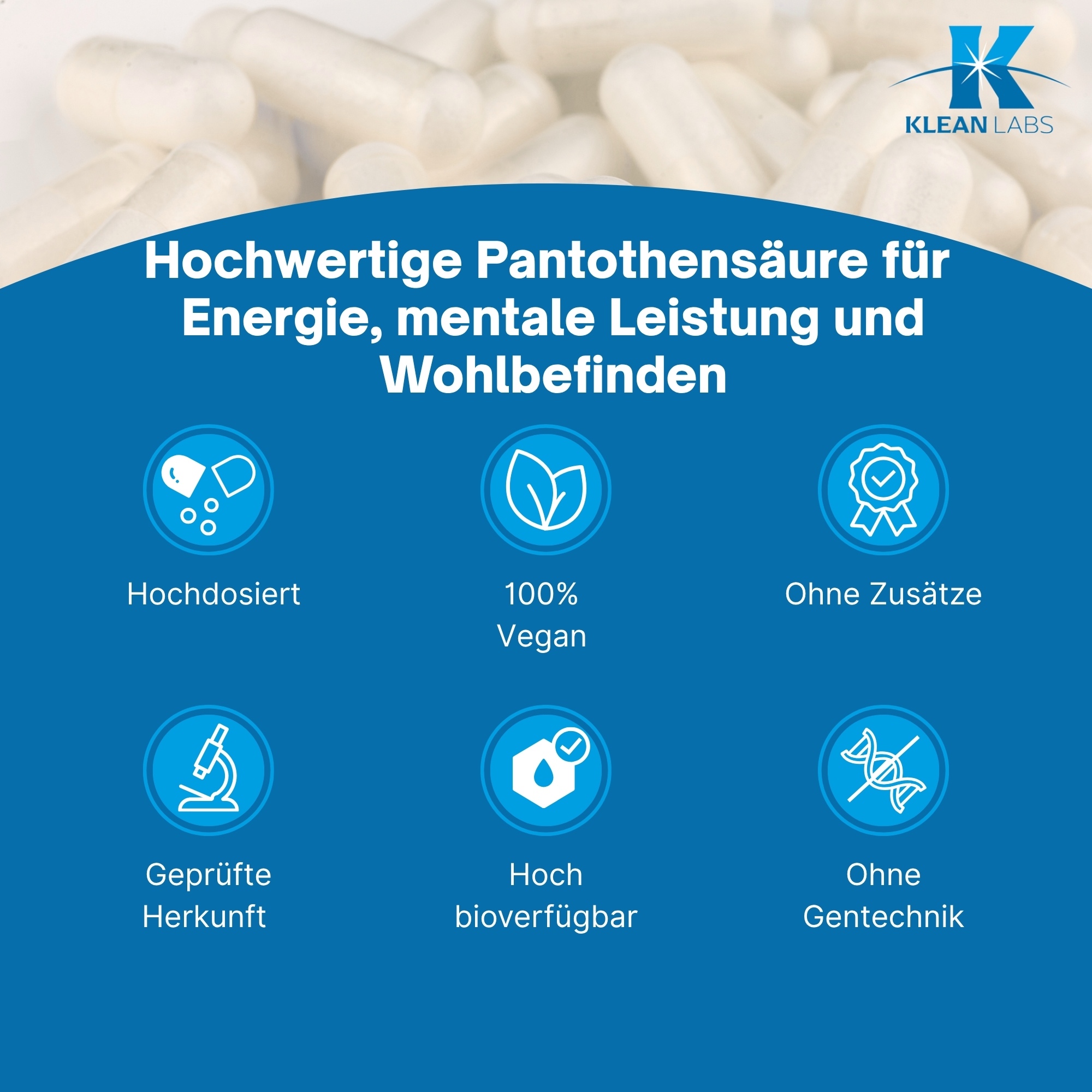 Produktfoto: Eine weiße Plastikflasche mit einem blauen Etikett, das Nährstoffangaben und Zutaten für Nahrungsergänzungsmittel enthält. Das Etikett listet Pantothensäure (Vitamin B5) und andere Inhaltsstoffe auf. Die Flasche ist von der Marke Supplementa B.V. aus Winschoten, Niederlande.