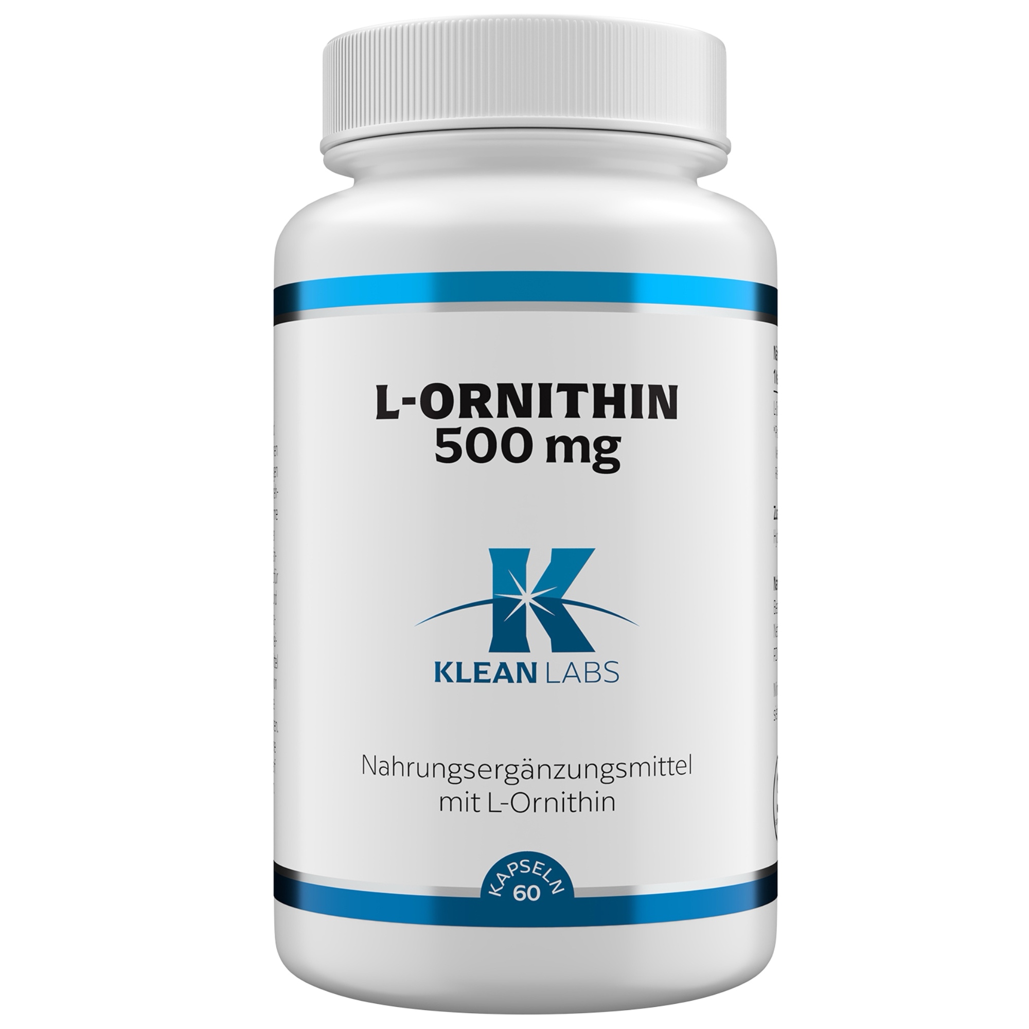 Produktfoto: Eine weiße Plastikflasche mit blauem Etikett, auf dem 'L-ORNITHIN 500 mg' steht. Das Logo 'Klean Labs' ist darunter sichtbar. Die Flasche enthält Nahrungsergänzungsmittel mit L-Ornithin und hat einen weißen Schraubverschluss.