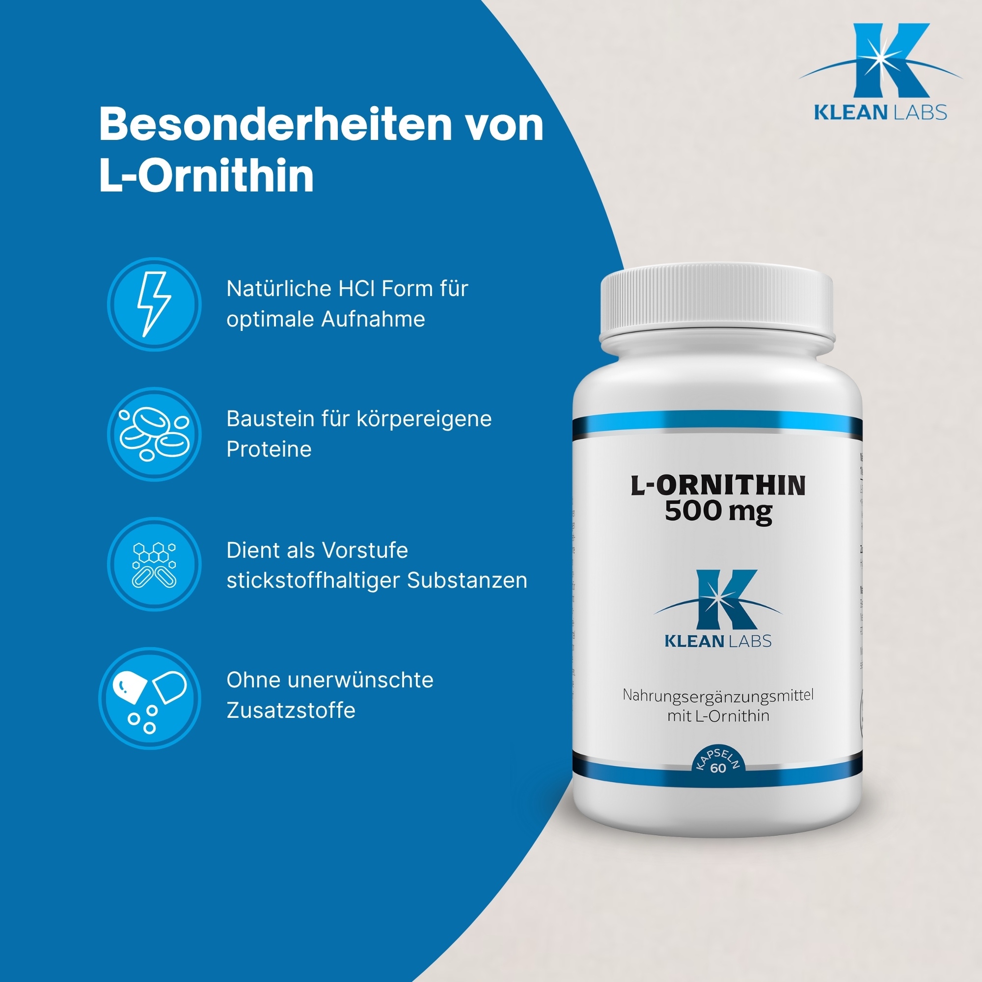 Produktfoto: Eine weiße Plastikflasche mit blauem Etikett, auf dem 'L-ORNITHIN 500 mg' steht. Das Logo 'Klean Labs' ist darunter sichtbar. Die Flasche enthält Nahrungsergänzungsmittel mit L-Ornithin und hat einen weißen Schraubverschluss.