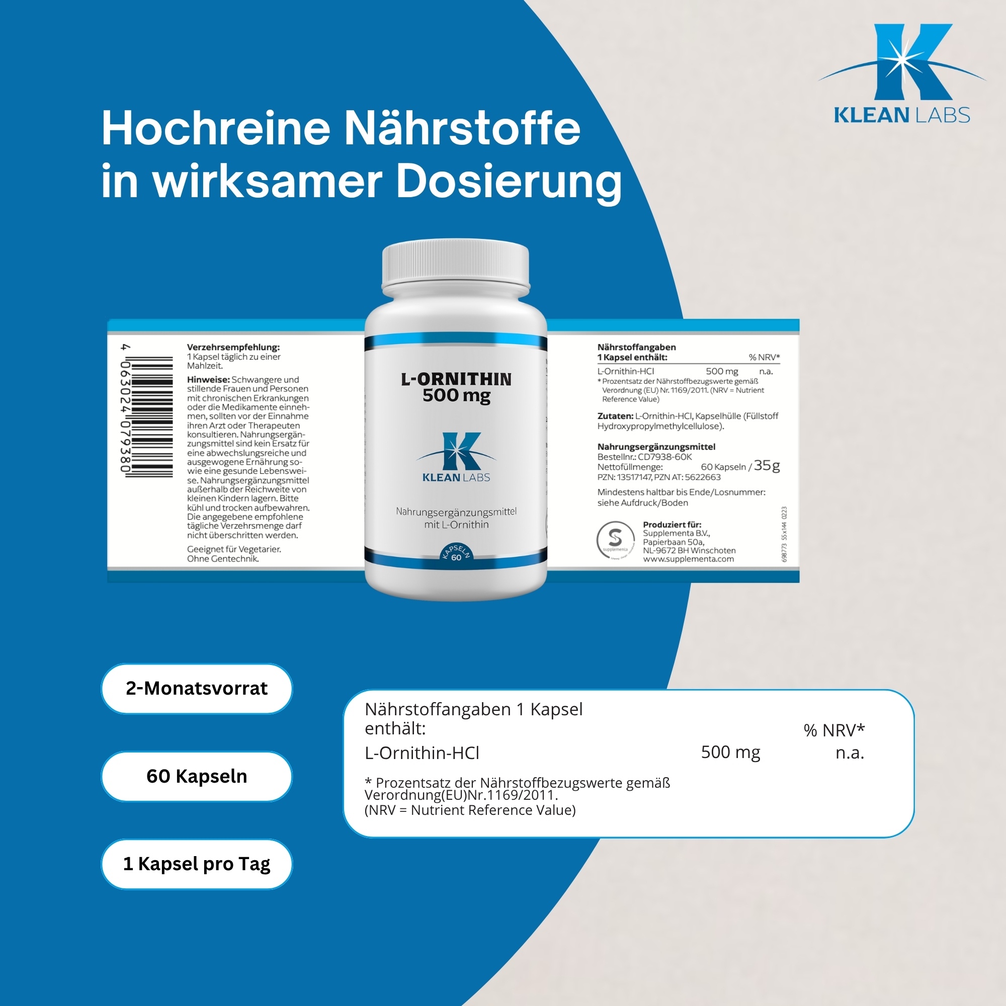 Produktfoto: Eine weiße Plastikflasche mit blauem Etikett, auf dem 'L-ORNITHIN 500 mg' steht. Das Logo 'Klean Labs' ist darunter sichtbar. Die Flasche enthält Nahrungsergänzungsmittel mit L-Ornithin und hat einen weißen Schraubverschluss.