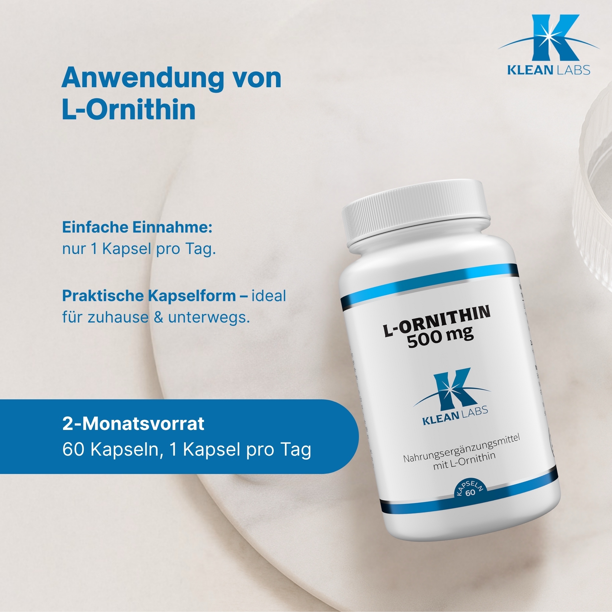 Produktfoto: Eine weiße Plastikflasche mit blauem Etikett, auf dem 'L-ORNITHIN 500 mg' steht. Das Logo 'Klean Labs' ist darunter sichtbar. Die Flasche enthält Nahrungsergänzungsmittel mit L-Ornithin und hat einen weißen Schraubverschluss.
