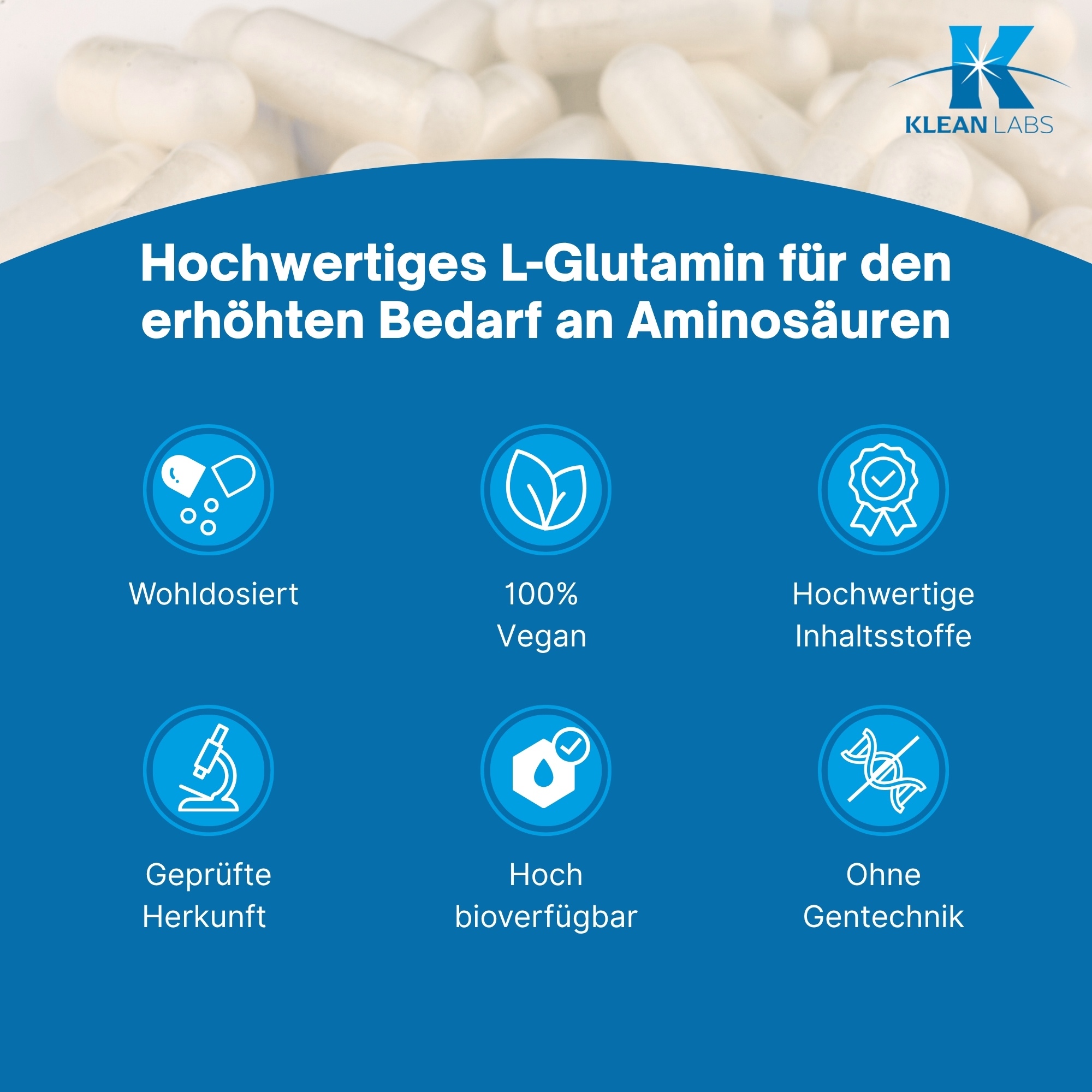 Produktfoto: Eine weiße Plastikflasche mit blauem Etikett, auf dem 'L-GLUTAMIN 500 mg' steht. Darunter ist das Logo von Klean Labs und der Hinweis 'Nahrungsergänzungsmittel mit L-Glutamin'. Die Flasche enthält 60 Kapseln.