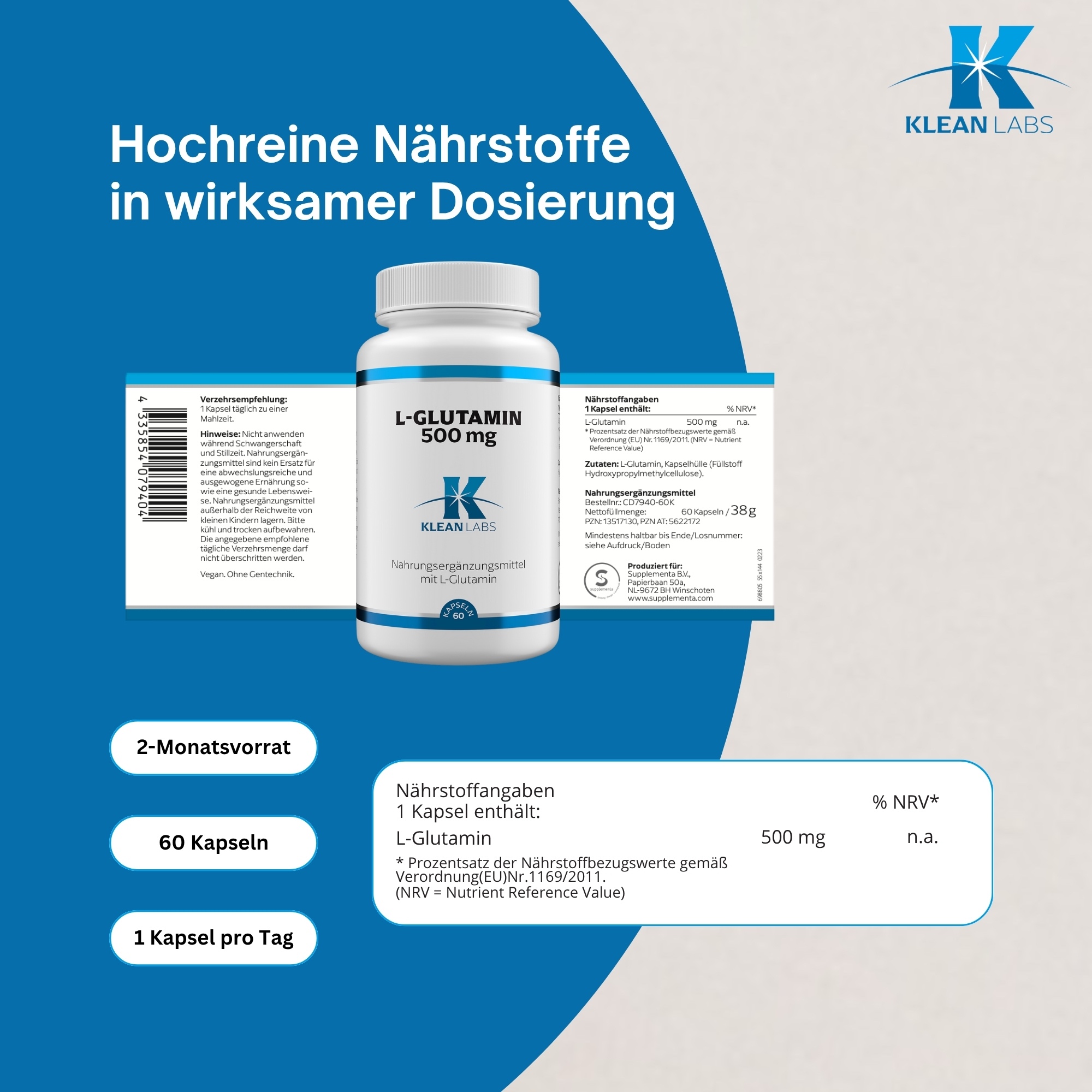 Produktfoto: Eine weiße Plastikflasche mit blauem Etikett, auf dem 'L-GLUTAMIN 500 mg' steht. Darunter ist das Logo von Klean Labs und der Hinweis 'Nahrungsergänzungsmittel mit L-Glutamin'. Die Flasche enthält 60 Kapseln.