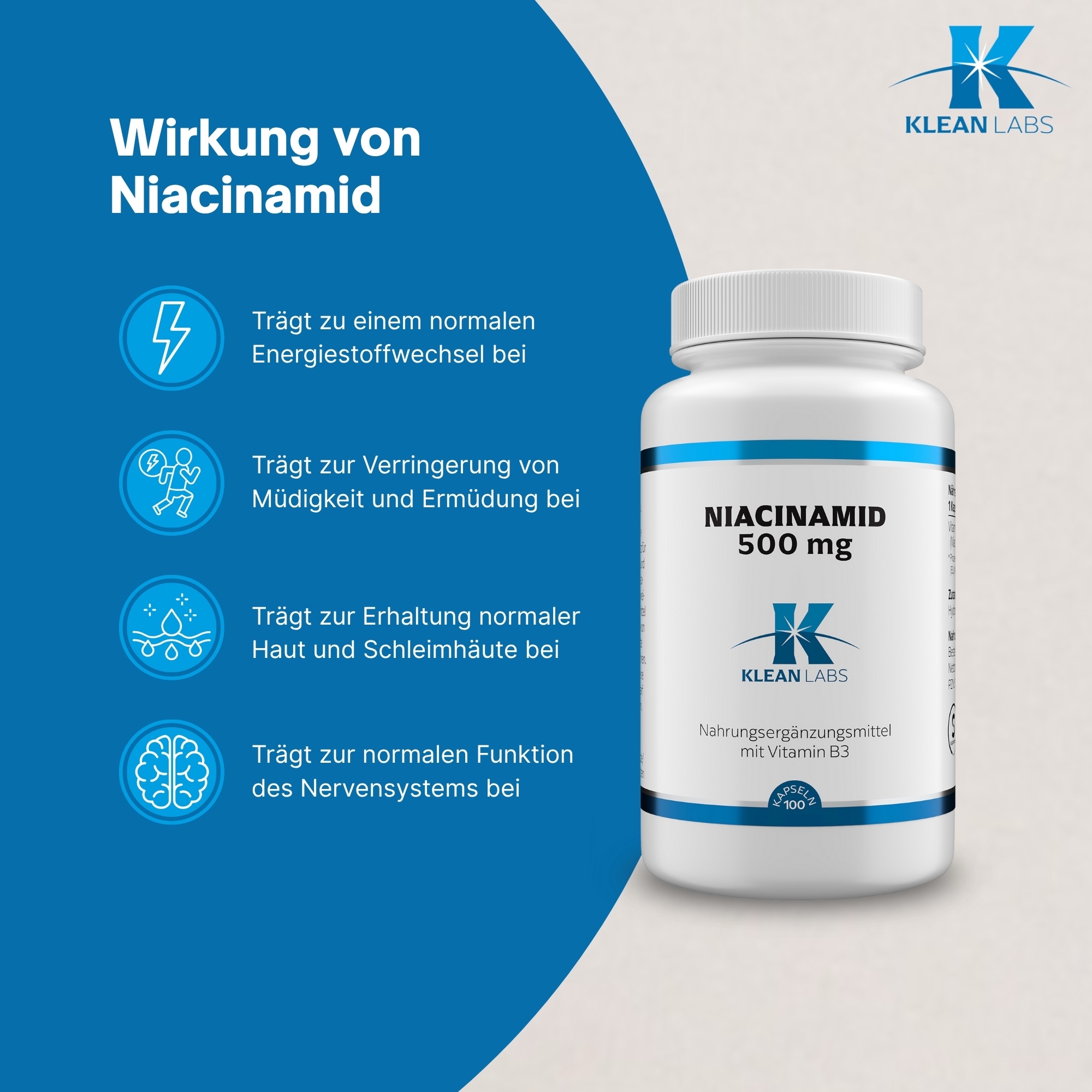 Produktfoto: Eine weiße Plastikflasche mit einem weißen Schraubverschluss. Auf der Vorderseite steht in schwarzer Schrift „NIACINAMID 500 mg“. Darunter ist ein blaues Logo mit dem Text „KLEAN LABS“. Am unteren Rand steht „Nahrungsergänzungsmittel mit Vitamin B3“. Die Flasche enthält 100 Kapseln und hat blaue Akzente auf dem Etikett.