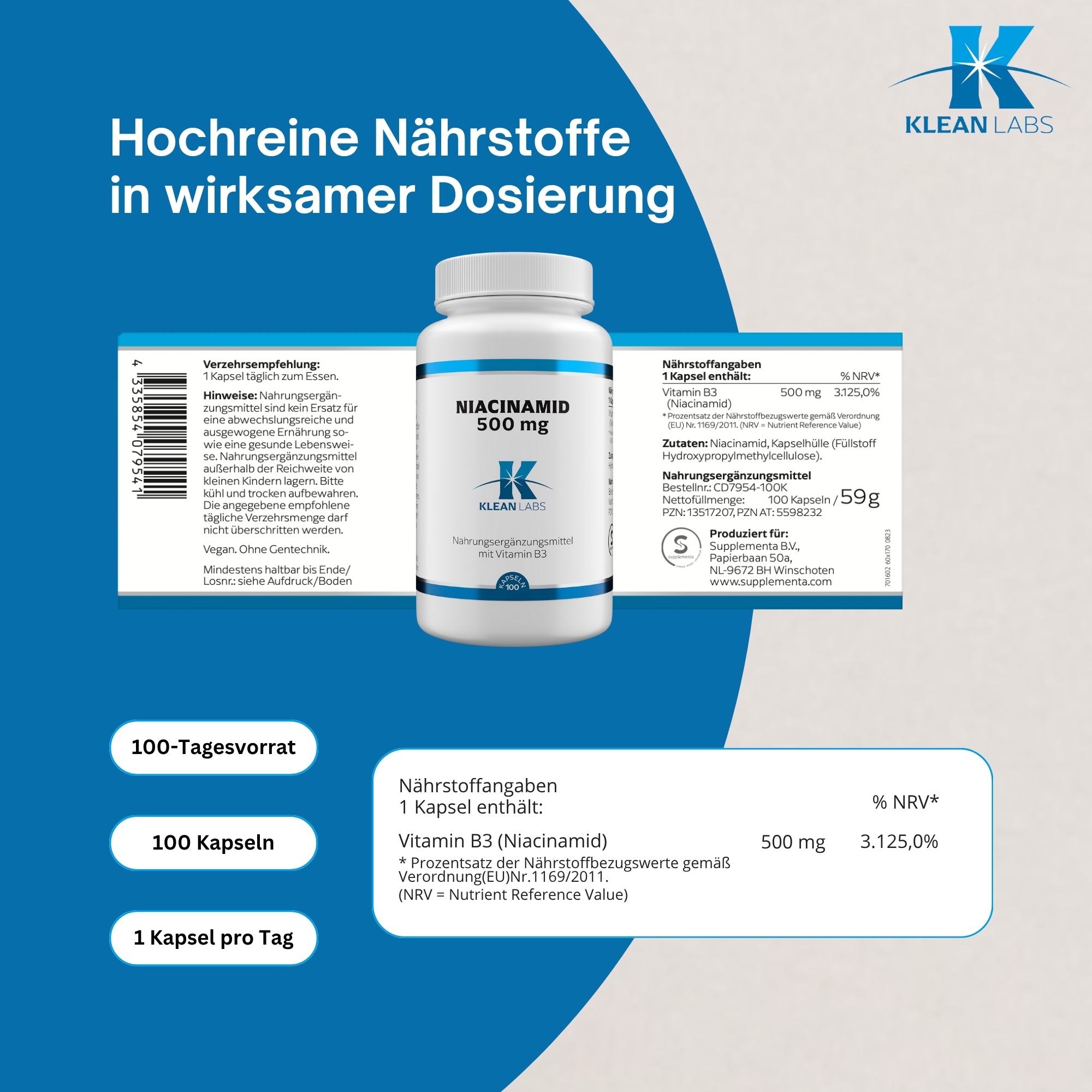 Produktfoto: Eine weiße Plastikflasche mit einem weißen Schraubverschluss. Auf der Vorderseite steht in schwarzer Schrift „NIACINAMID 500 mg“. Darunter ist ein blaues Logo mit dem Text „KLEAN LABS“. Am unteren Rand steht „Nahrungsergänzungsmittel mit Vitamin B3“. Die Flasche enthält 100 Kapseln und hat blaue Akzente auf dem Etikett.
