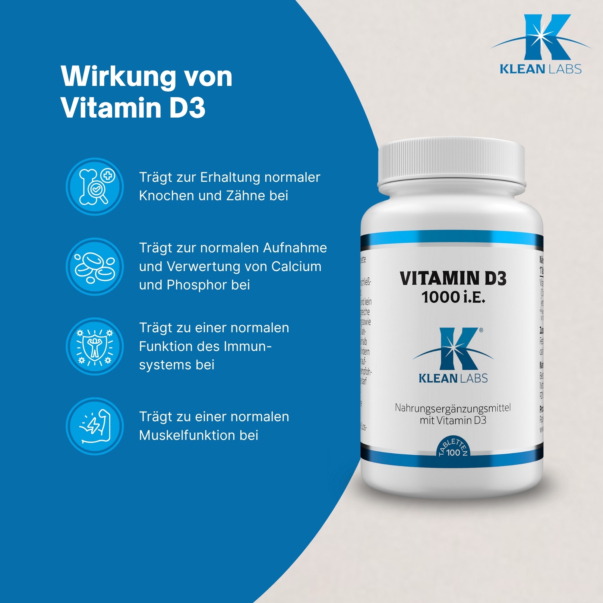 Produktfoto: Eine weiße Plastikflasche mit Schraubverschluss, auf der Vorderseite steht 'Vitamin D3 1000 I.E.' und 'Klean Labs'. Die Flasche enthält Nahrungsergänzungsmittel mit Vitamin D3. Das Etikett ist blau-weiß gestaltet und zeigt weitere Informationen zu Inhaltsstoffen und Hersteller.