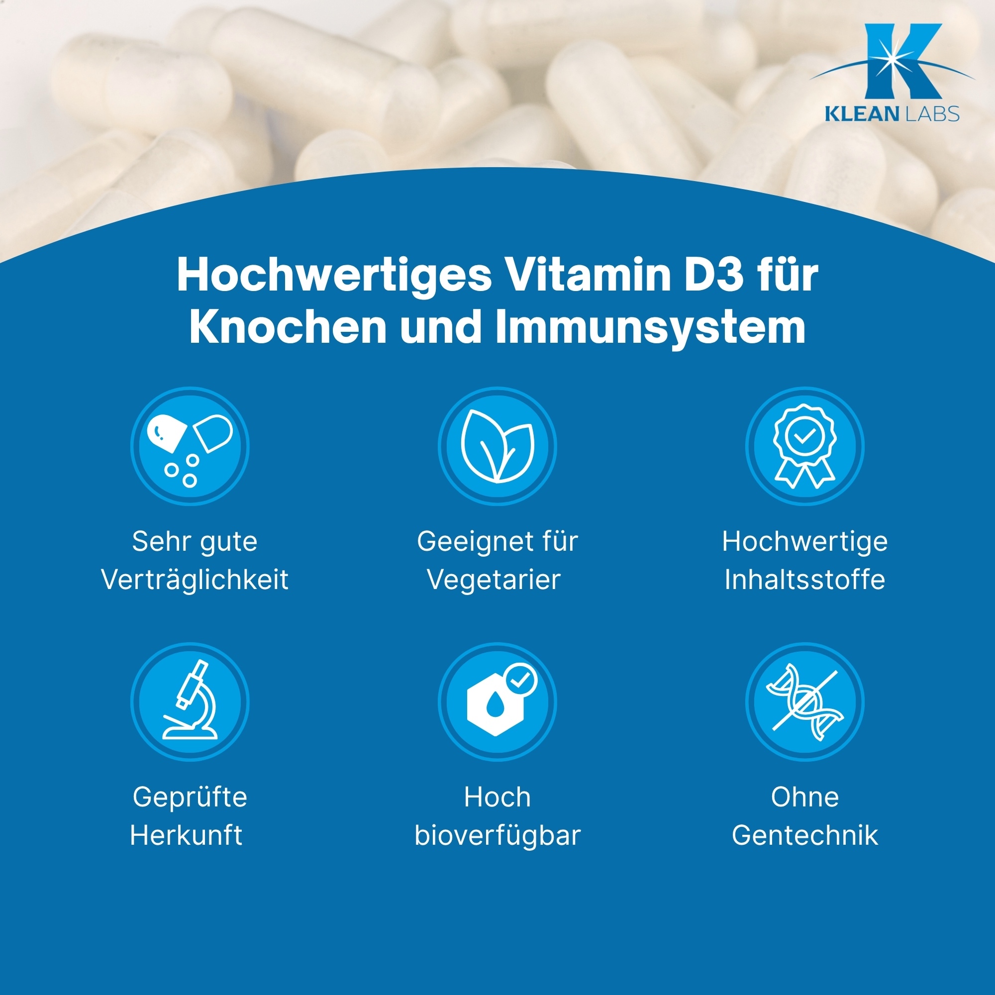 Produktfoto: Eine weiße Plastikflasche mit Schraubverschluss, auf der Vorderseite steht 'Vitamin D3 1000 I.E.' und 'Klean Labs'. Die Flasche enthält Nahrungsergänzungsmittel mit Vitamin D3. Das Etikett ist blau-weiß gestaltet und zeigt weitere Informationen zu Inhaltsstoffen und Hersteller.