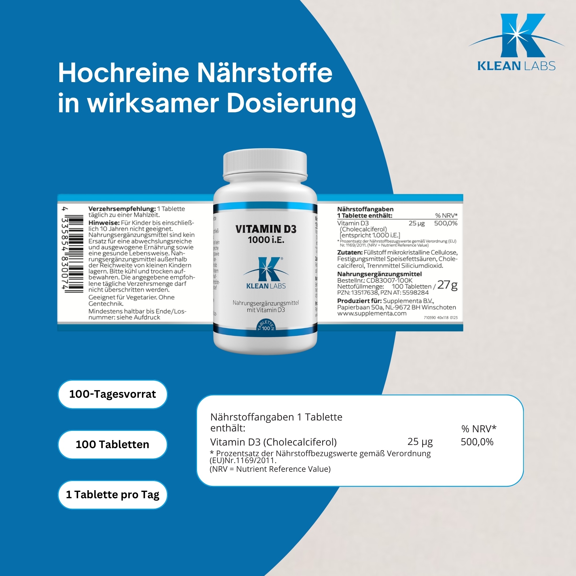 Produktfoto: Eine weiße Plastikflasche mit Schraubverschluss, auf der Vorderseite steht 'Vitamin D3 1000 I.E.' und 'Klean Labs'. Die Flasche enthält Nahrungsergänzungsmittel mit Vitamin D3. Das Etikett ist blau-weiß gestaltet und zeigt weitere Informationen zu Inhaltsstoffen und Hersteller.