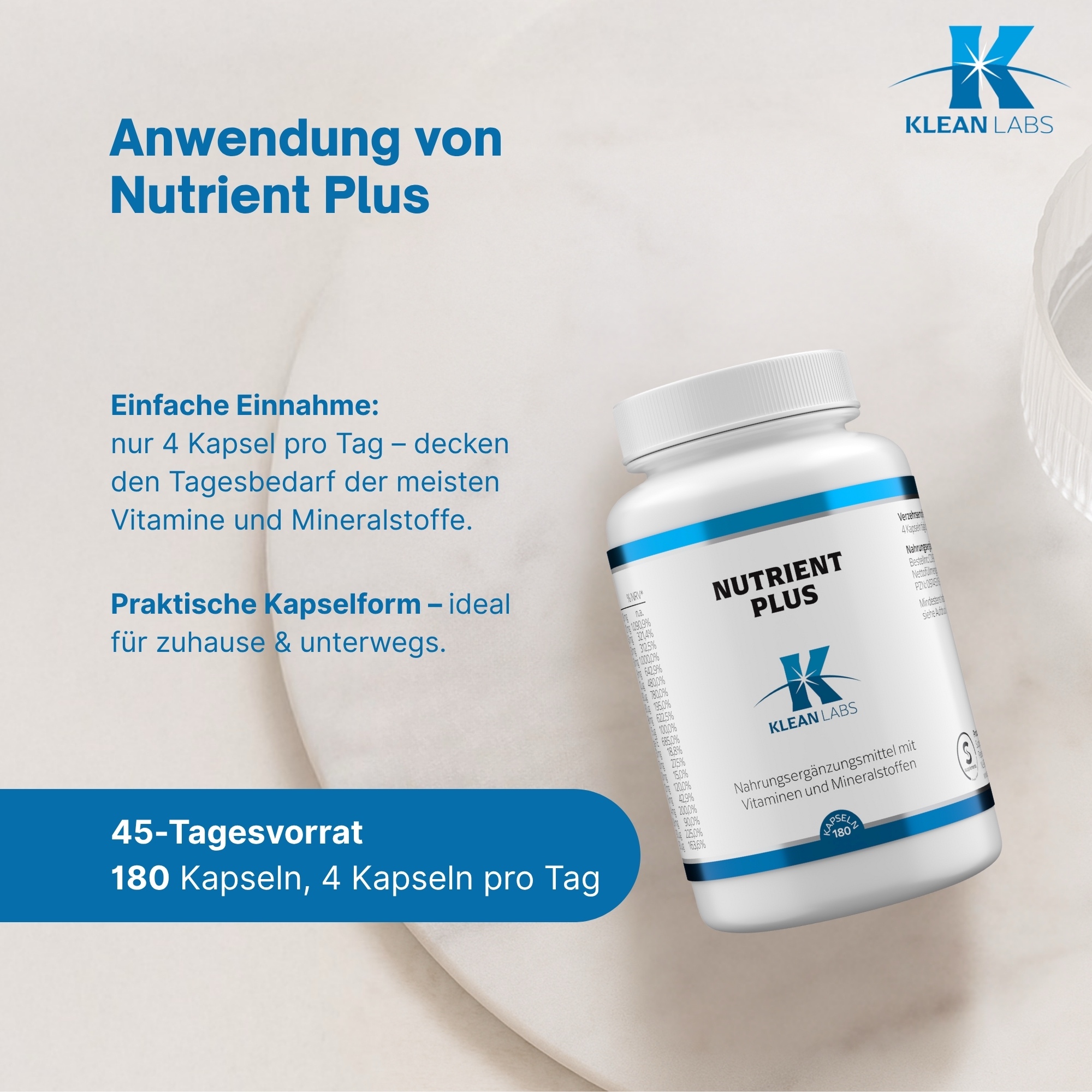 Produktfoto: Das Bild zeigt eine weiße Plastikflasche mit blauem Etikett, auf dem “NUTRIENT PLUS“ steht. Darunter befindet sich das Logo von Klean Labs. Die Flasche enthält Nahrungsergänzungsmittel mit Vitaminen und Mineralstoffen in Kapselform. Die Flasche hat einen weißen Schraubverschluss und steht vor einem weißen Hintergrund.