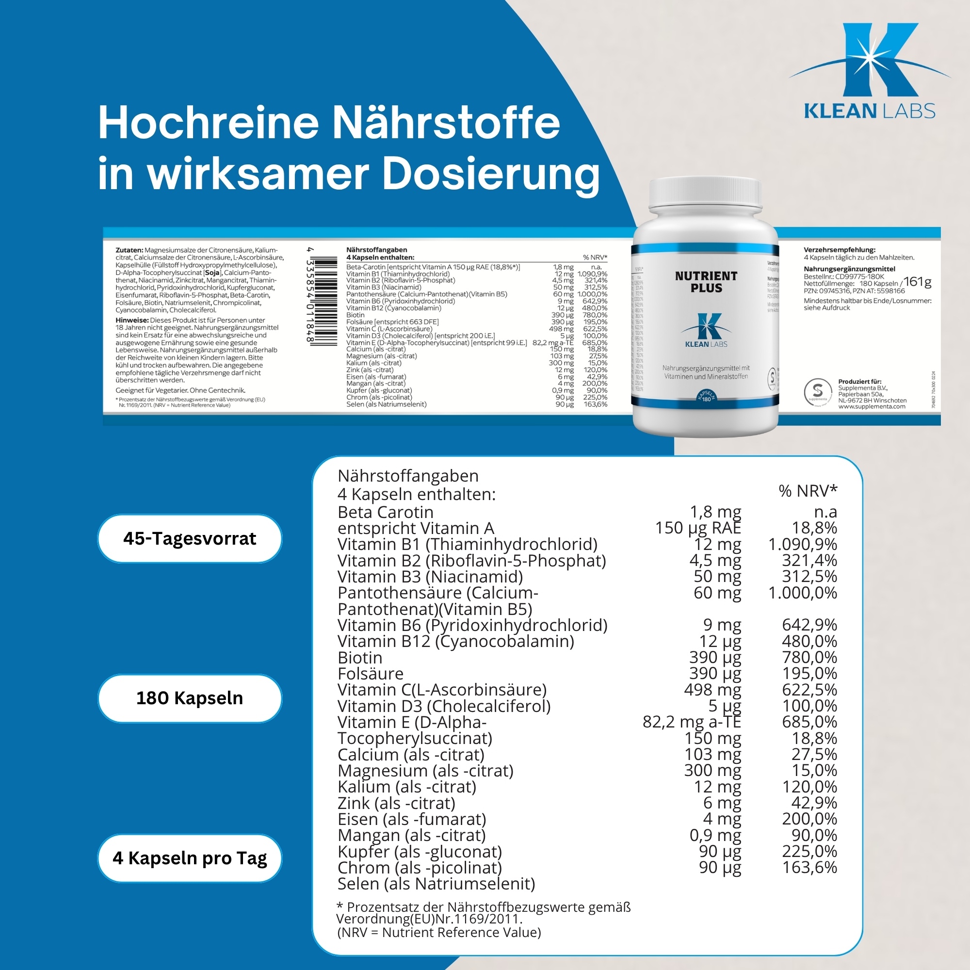 Produktfoto: Das Bild zeigt eine weiße Plastikflasche mit blauem Etikett, auf dem “NUTRIENT PLUS“ steht. Darunter befindet sich das Logo von Klean Labs. Die Flasche enthält Nahrungsergänzungsmittel mit Vitaminen und Mineralstoffen in Kapselform. Die Flasche hat einen weißen Schraubverschluss und steht vor einem weißen Hintergrund.