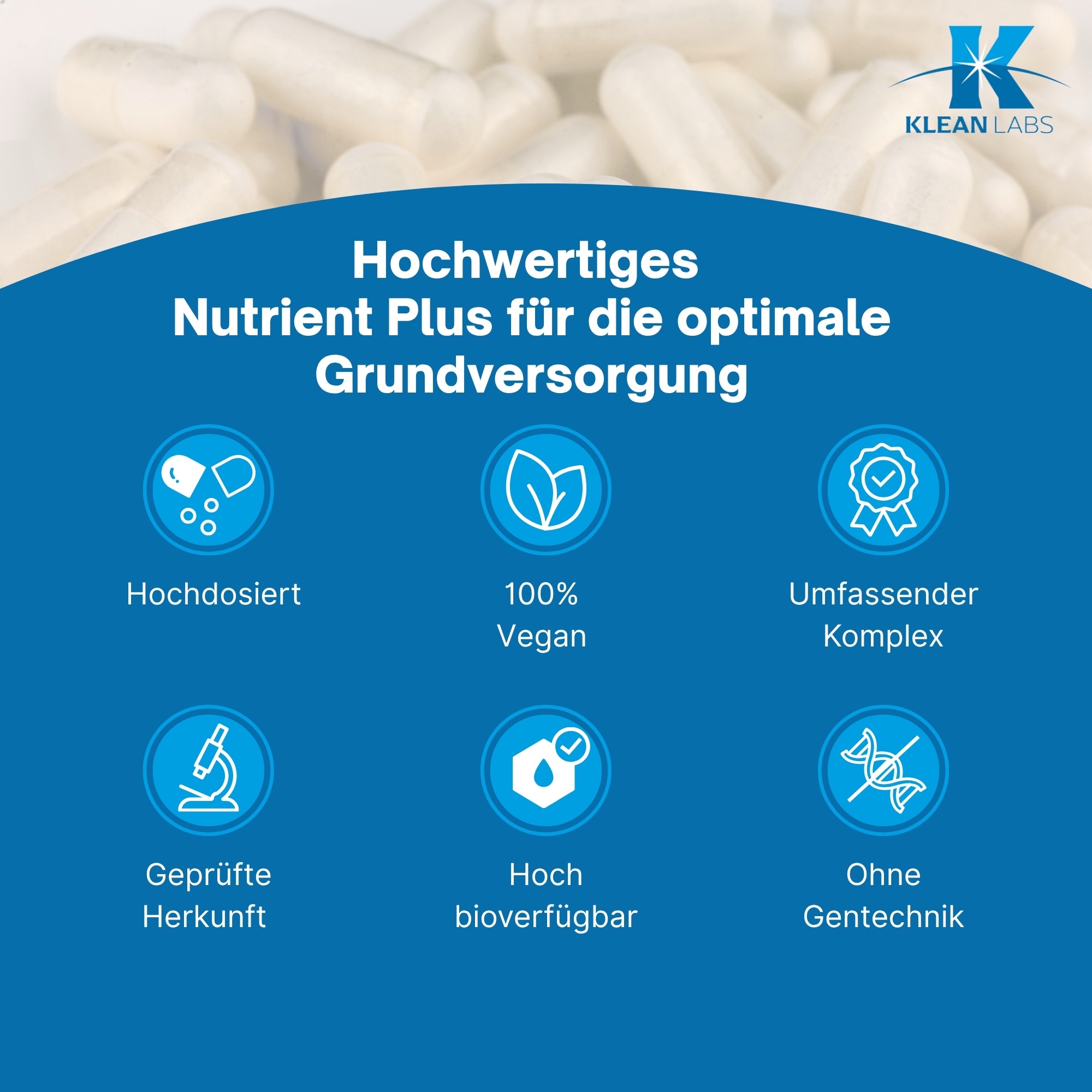 Produktfoto: Das Bild zeigt eine weiße Plastikflasche mit blauem Etikett, auf dem “NUTRIENT PLUS“ steht. Darunter befindet sich das Logo von Klean Labs. Die Flasche enthält Nahrungsergänzungsmittel mit Vitaminen und Mineralstoffen in Kapselform. Die Flasche hat einen weißen Schraubverschluss und steht vor einem weißen Hintergrund.