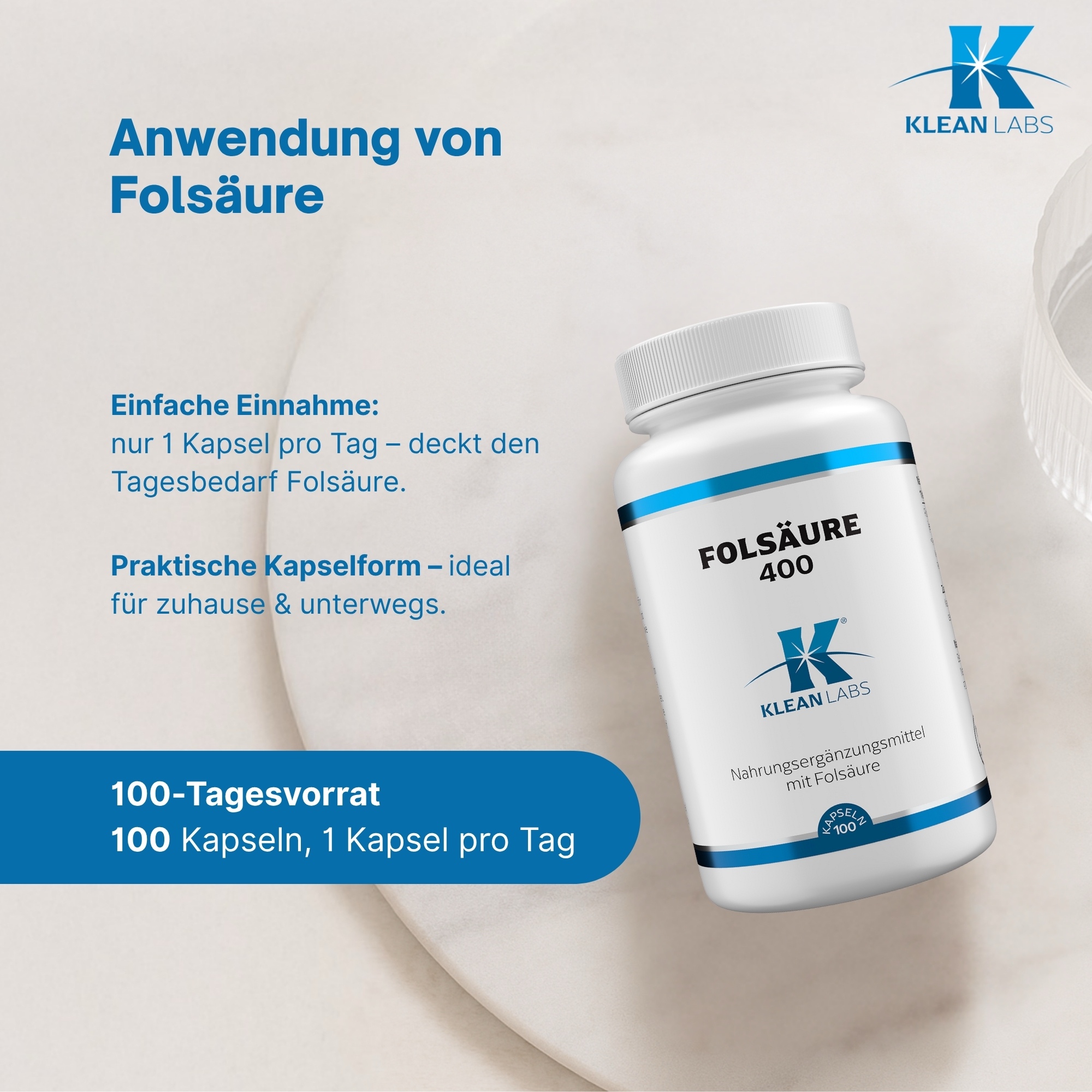 Produktfoto: Eine weiße Plastikflasche mit blauem Etikett, auf dem 'Folsäure 400' und 'Klean Labs' steht. Die Flasche enthält Nahrungsergänzungsmittel mit Folsäure.