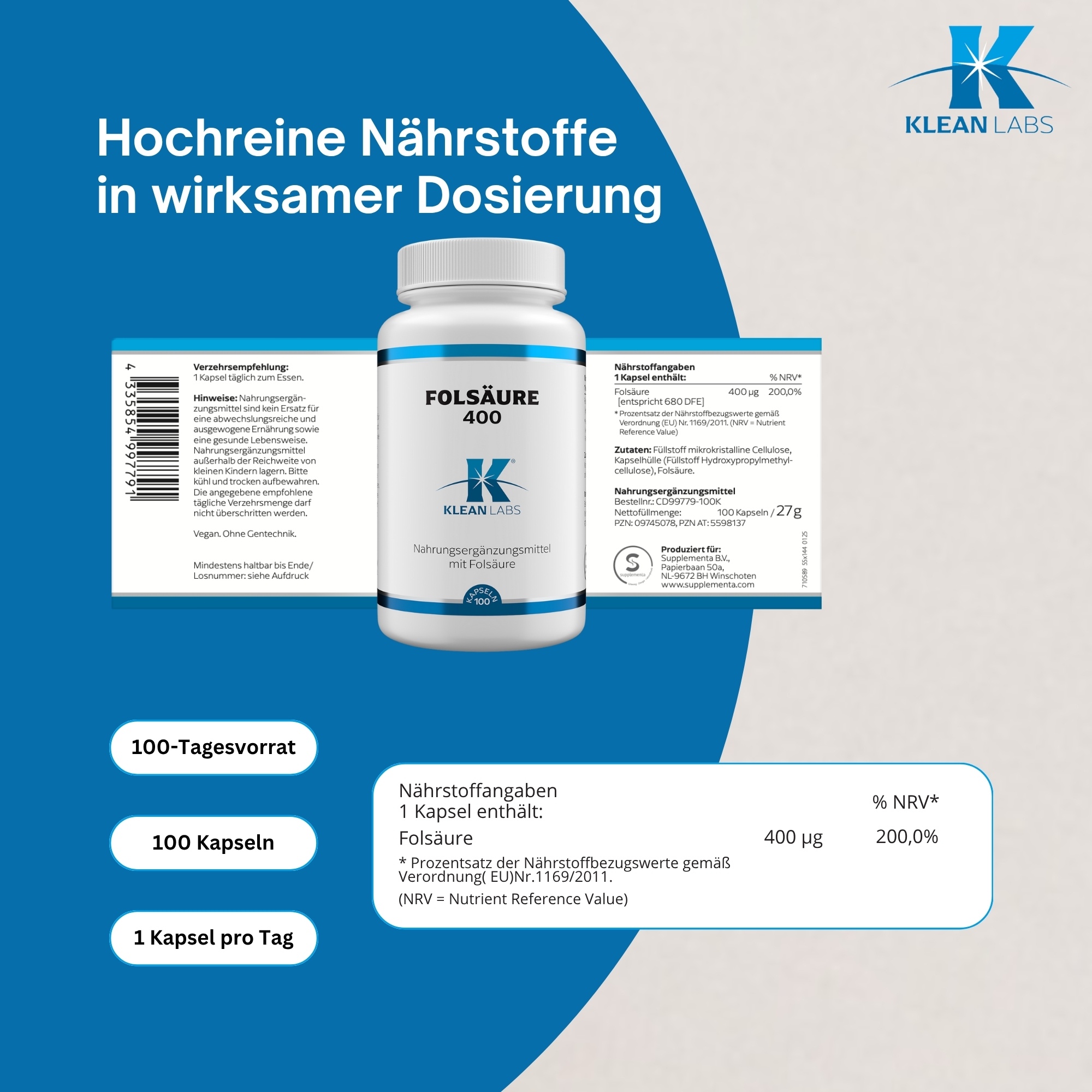 Produktfoto: Eine weiße Plastikflasche mit blauem Etikett, auf dem 'Folsäure 400' und 'Klean Labs' steht. Die Flasche enthält Nahrungsergänzungsmittel mit Folsäure.