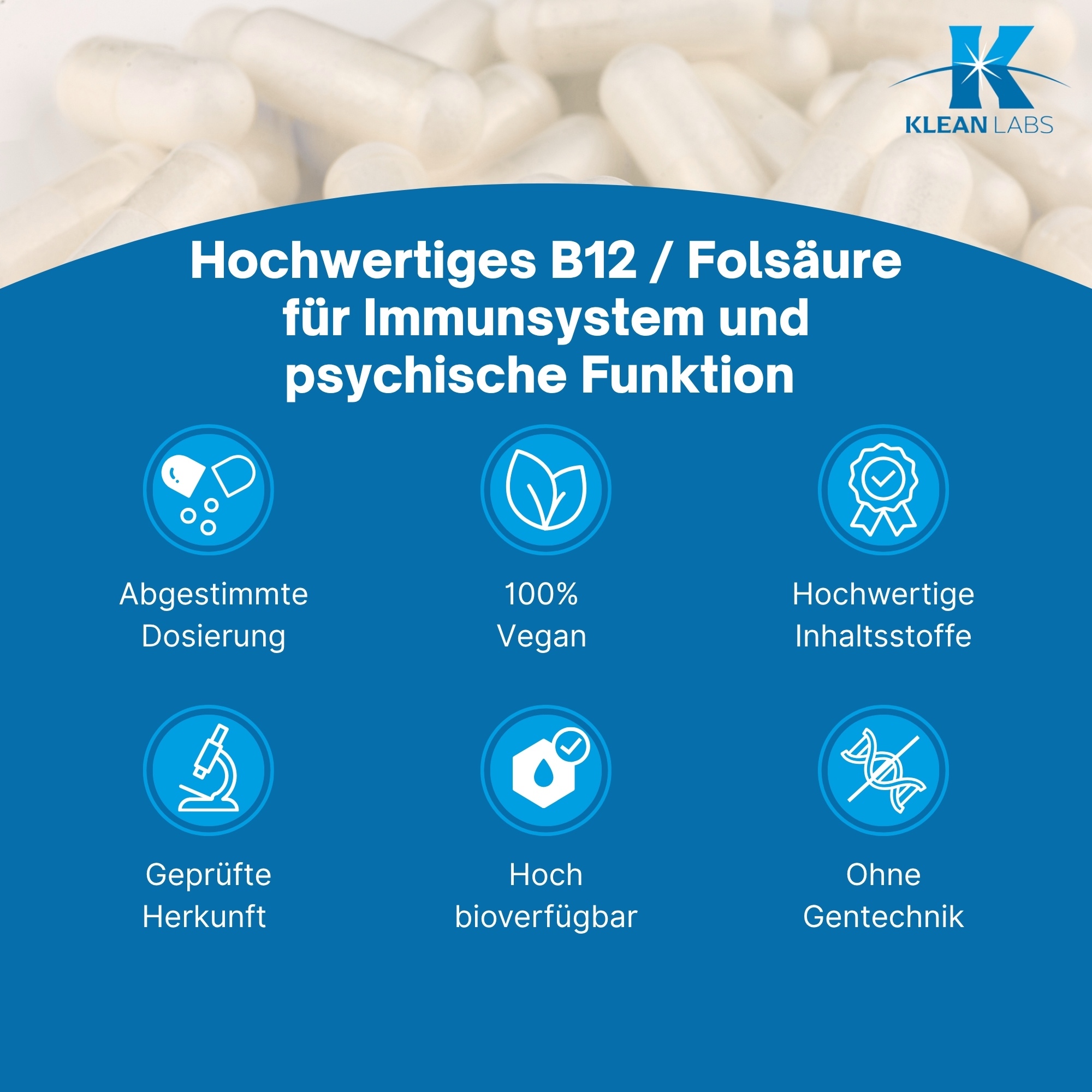 Produktfoto: Die Rückseite einer Verpackung für Nahrungsergänzungsmittel mit Vitamin B12 und Folsäure. Es sind Nährstoffangaben, Zutaten, Verzehrempfehlung und Herstellerinformationen zu sehen. Die Verpackung ist hauptsächlich in Weiß und Blau gehalten.