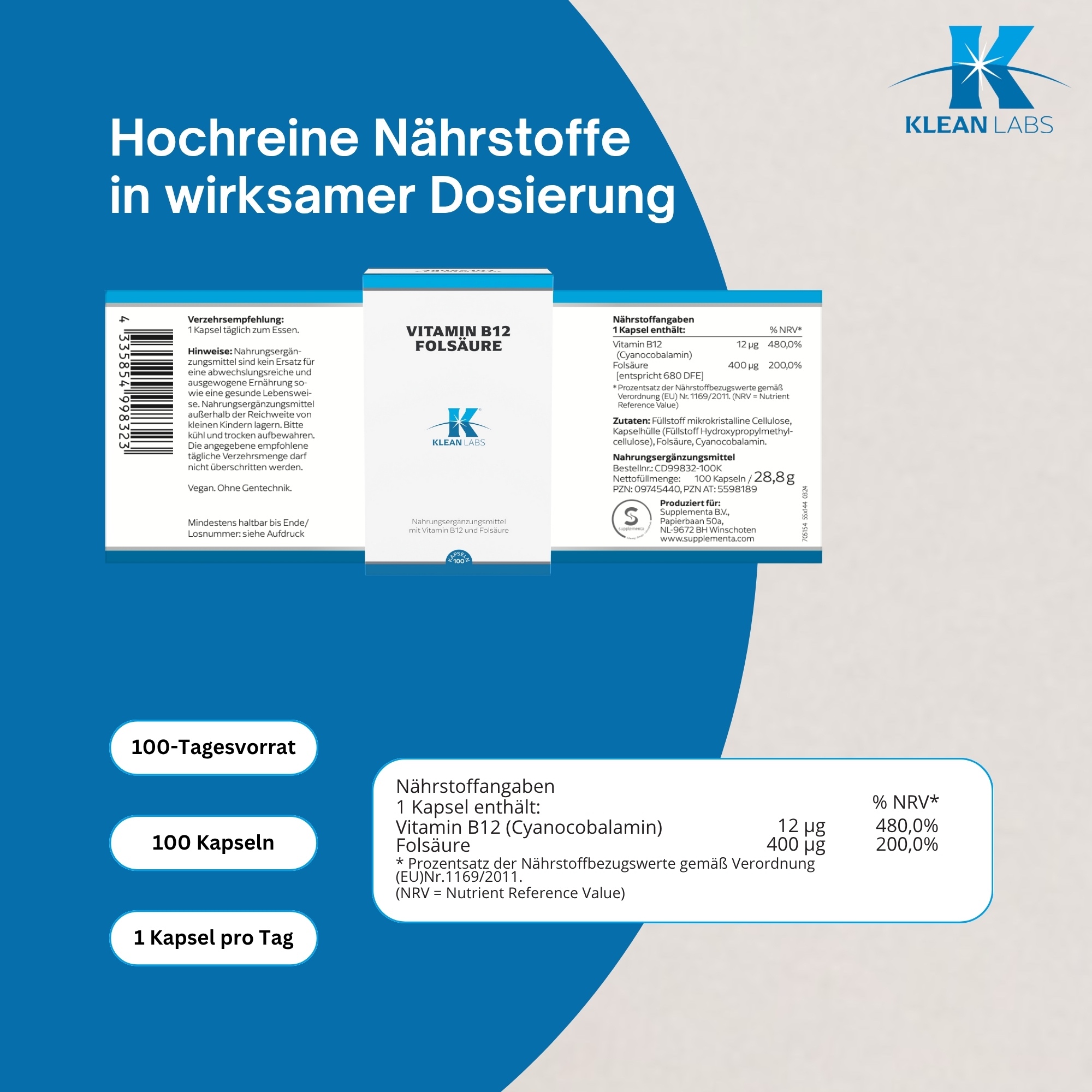 Produktfoto: Die Rückseite einer Verpackung für Nahrungsergänzungsmittel mit Vitamin B12 und Folsäure. Es sind Nährstoffangaben, Zutaten, Verzehrempfehlung und Herstellerinformationen zu sehen. Die Verpackung ist hauptsächlich in Weiß und Blau gehalten.
