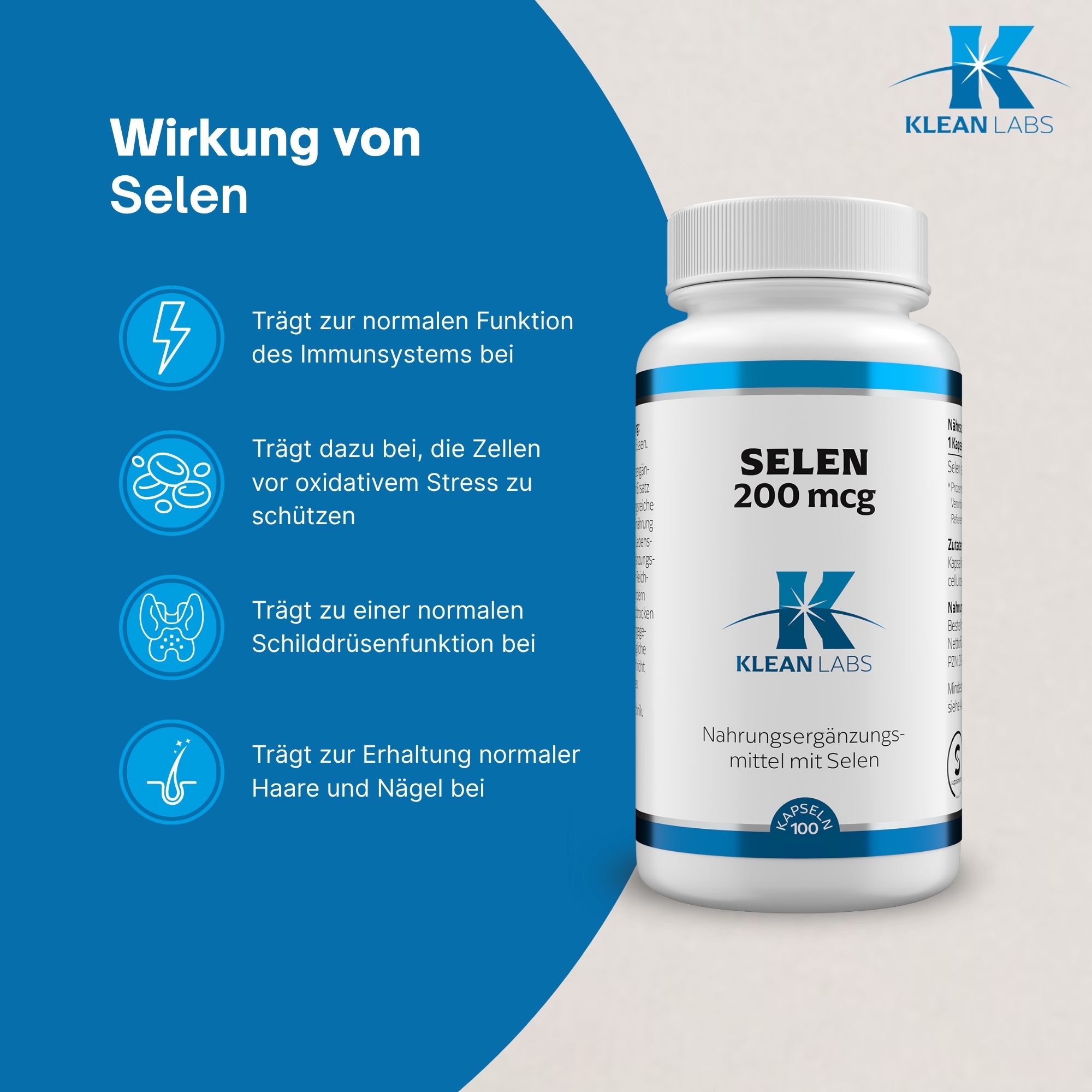 Produktfoto: Eine weiße Plastikflasche mit blauem Etikett enthält Nahrungsergänzungsmittel. Auf dem Etikett stehen Nährstoffangaben, Zutaten und Herstellerinformationen. Die Flasche ist für 100 Kapseln Selen (Natriumselenit) mit einem Gewicht von 37g ausgelegt. Hergestellt von Supplementa B.V. in Winschoten, Niederlande.
