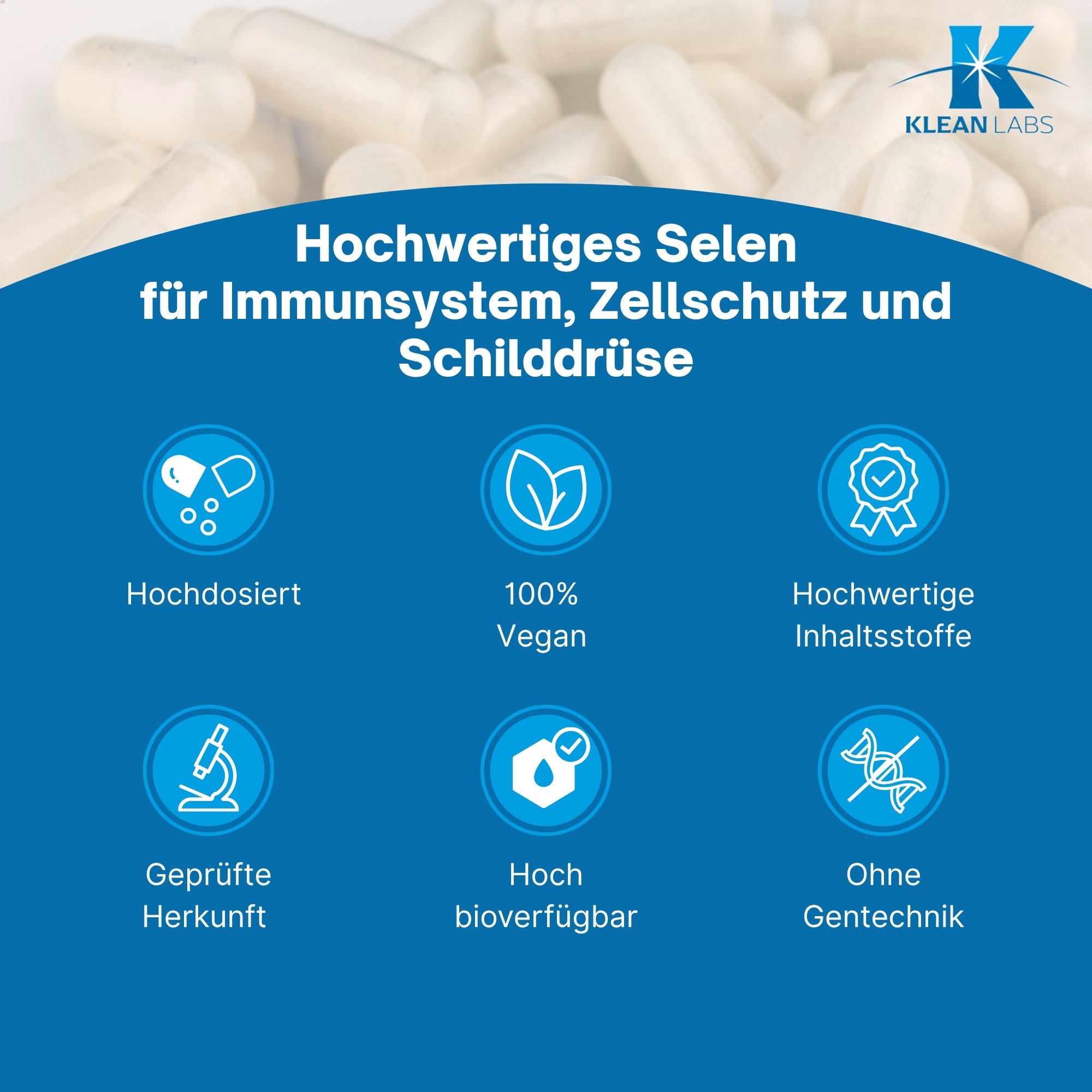 Produktfoto: Eine weiße Plastikflasche mit blauem Etikett enthält Nahrungsergänzungsmittel. Auf dem Etikett stehen Nährstoffangaben, Zutaten und Herstellerinformationen. Die Flasche ist für 100 Kapseln Selen (Natriumselenit) mit einem Gewicht von 37g ausgelegt. Hergestellt von Supplementa B.V. in Winschoten, Niederlande.