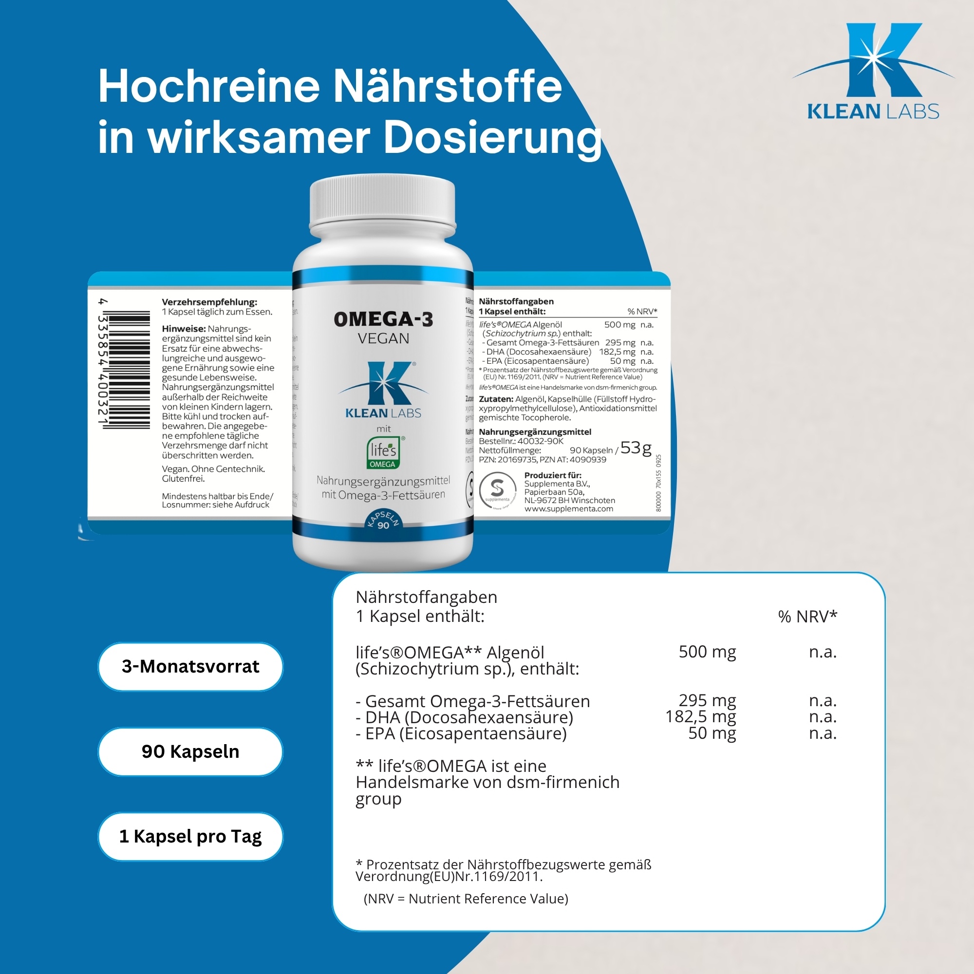 Produktfoto: Omega-3 vegan KLEAN LABS