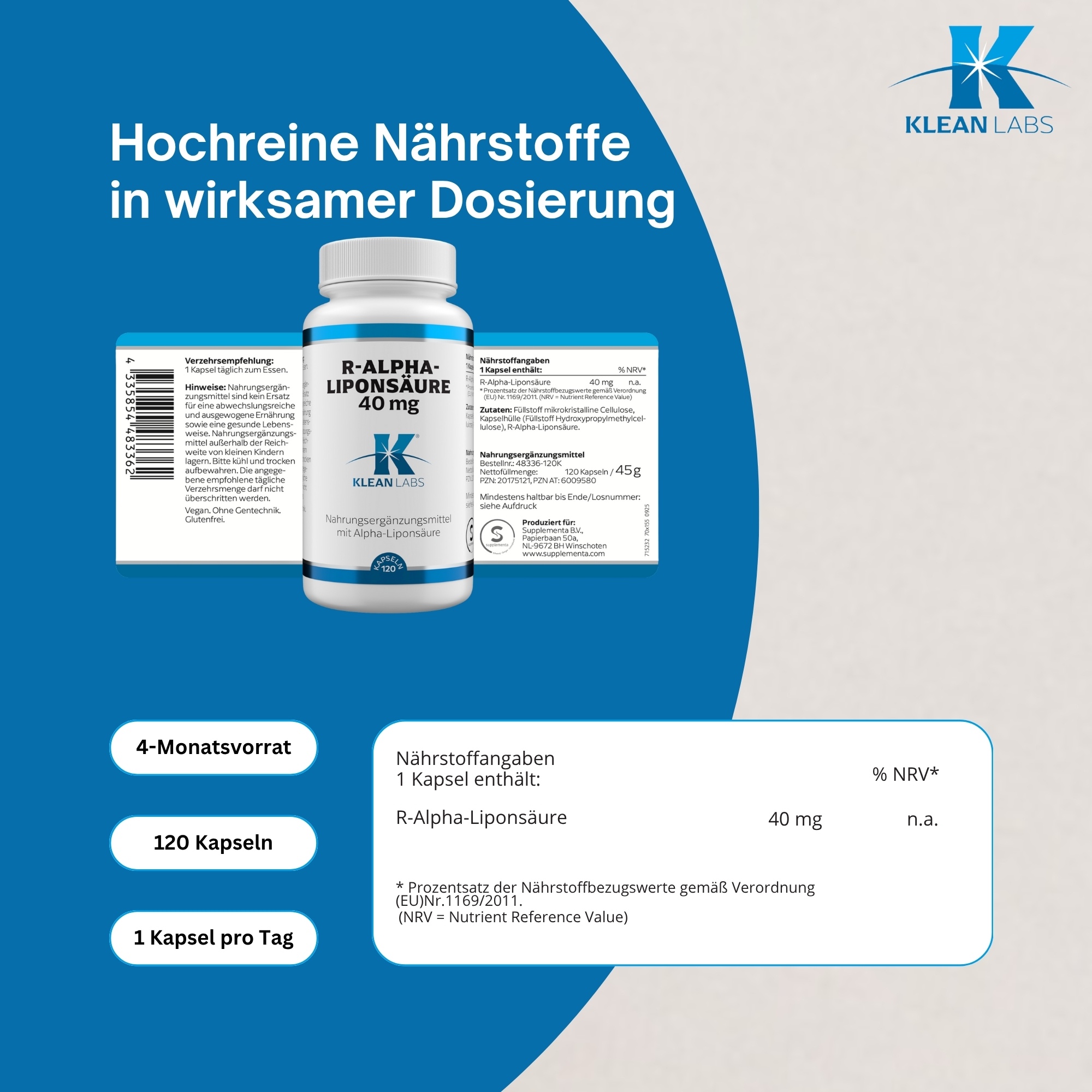 Produktfoto: R-Alpha-Liponsäure 40 mg KLEAN LABS