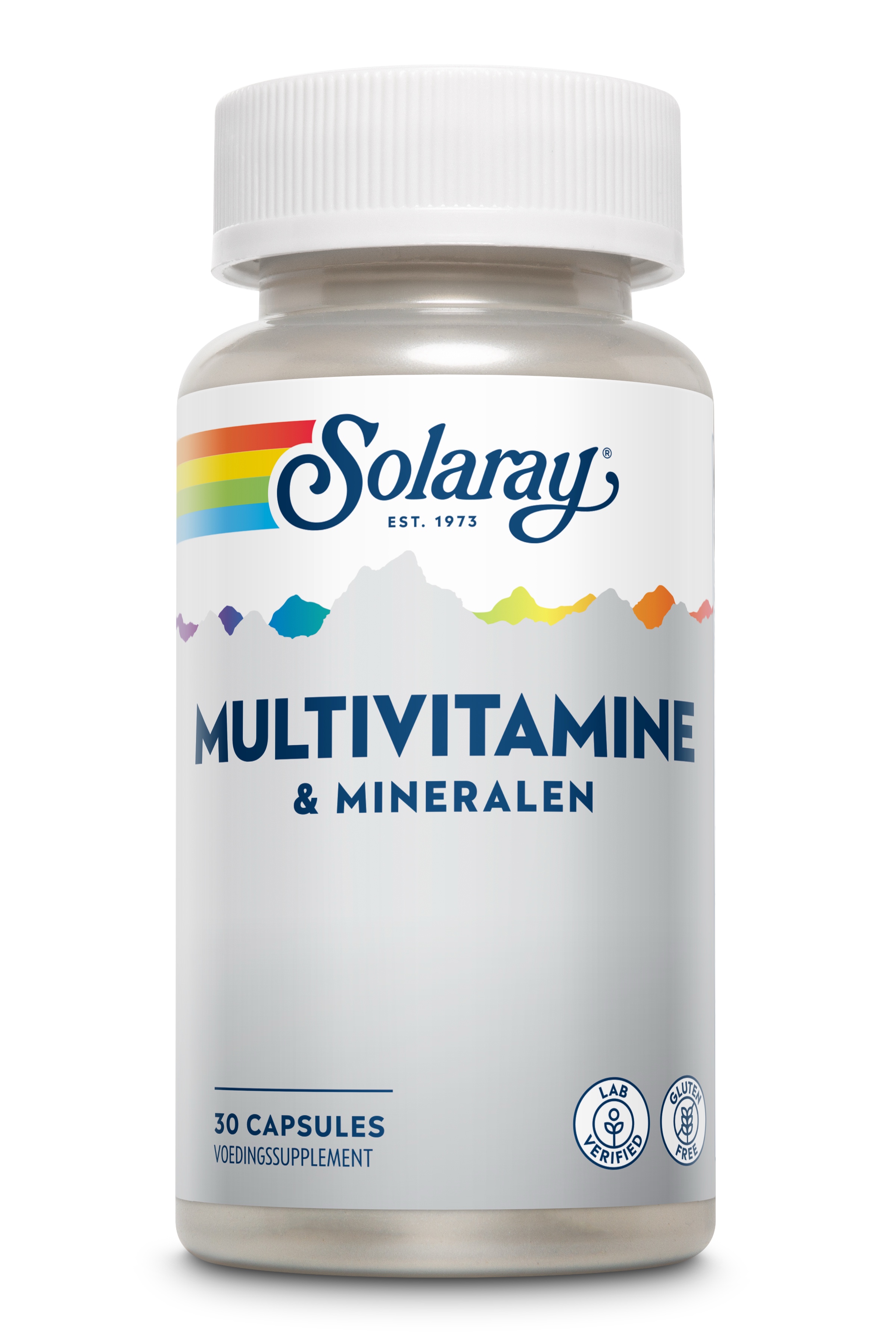 Produktfoto: Eine weiße Flasche mit dem Logo “Solaray“ und der Aufschrift “Multivitamine & Mineralen“. Die Flasche enthält 30 Kapseln und ist als Nahrungsergänzungsmittel gekennzeichnet. Auf der Flasche sind bunte Bergsilhouetten abgebildet.